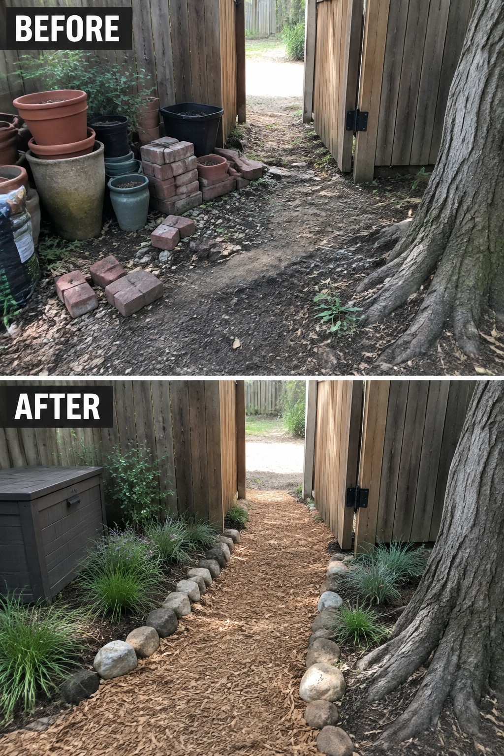 Before-and-after image of a cluttered backyard path transformed with stone edging, wood chip mulch, and planted borders.