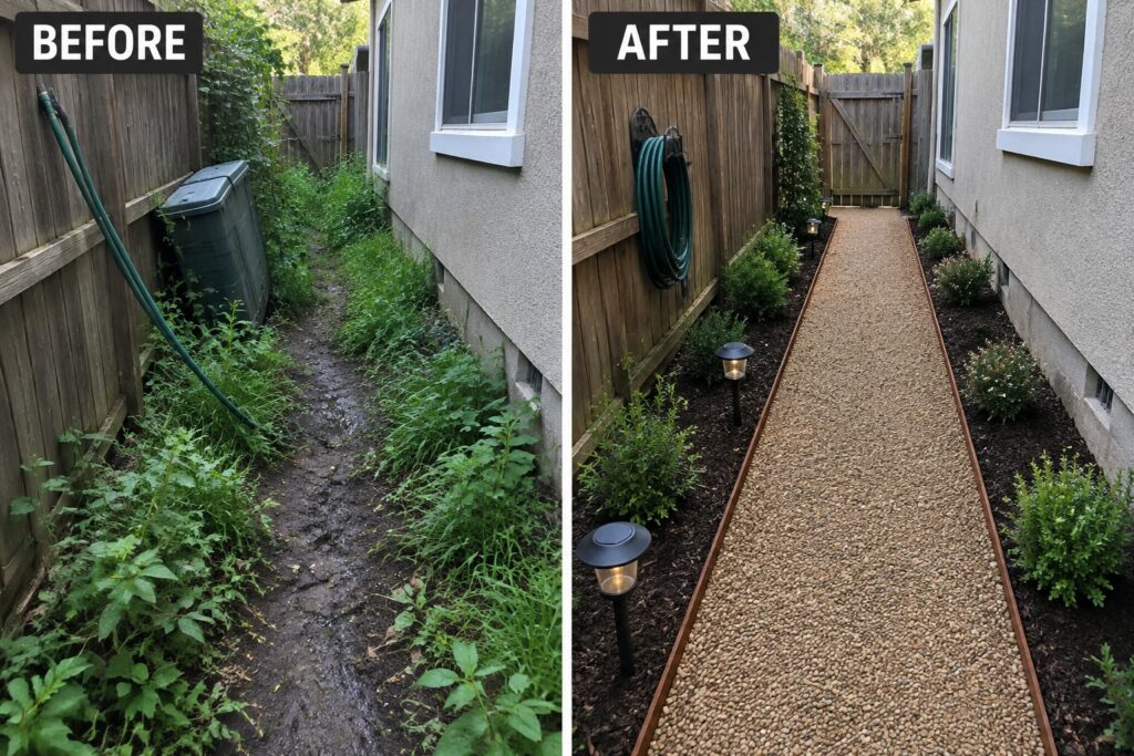 Before and after of overgrown dirt path transformed into neat gravel walkway with plants and lights