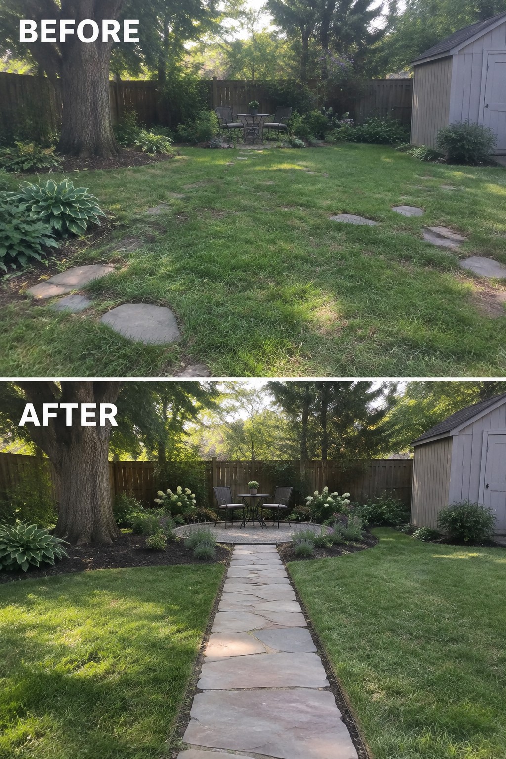 Before-and-after image of a backyard changed from scattered stepping stones in grass to a continuous stone pathway with mulched garden beds along the edges.