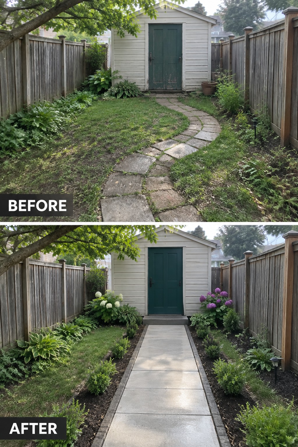 Before and after backyard shed: winding stone path replaced by straight concrete walkway with plants