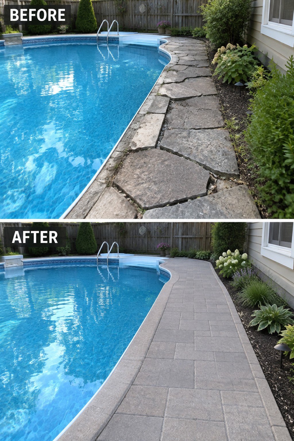 Before and after poolside path: irregular gray stones replaced by uniform pavers.
