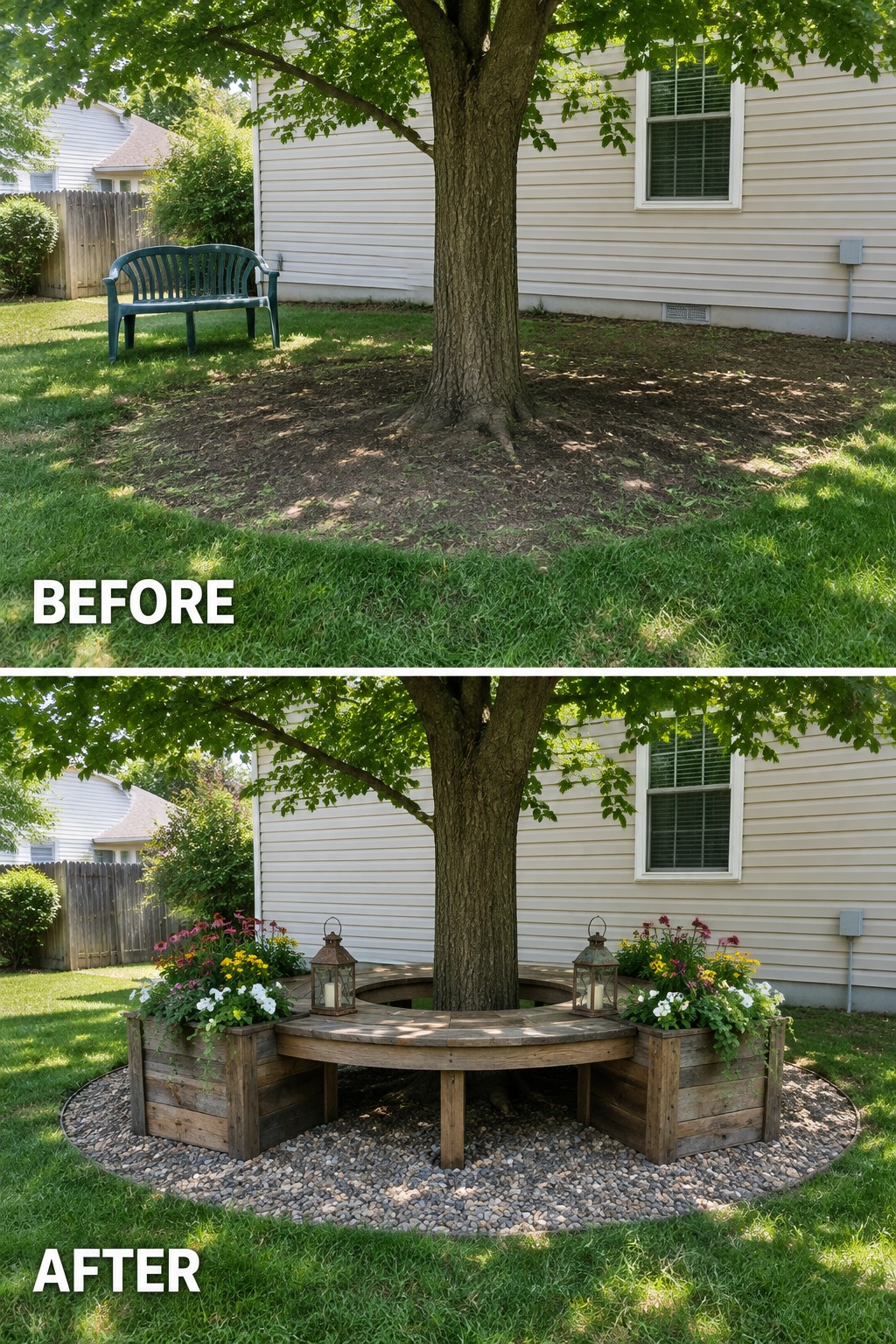 Before and after backyard tree transformed into wooden bench with flower planters and gravel