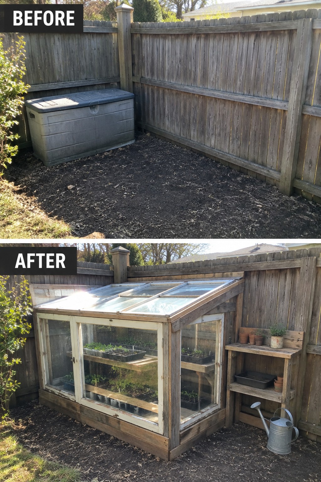 Before and after backyard corner with storage bin replaced by wooden greenhouse filled with plants