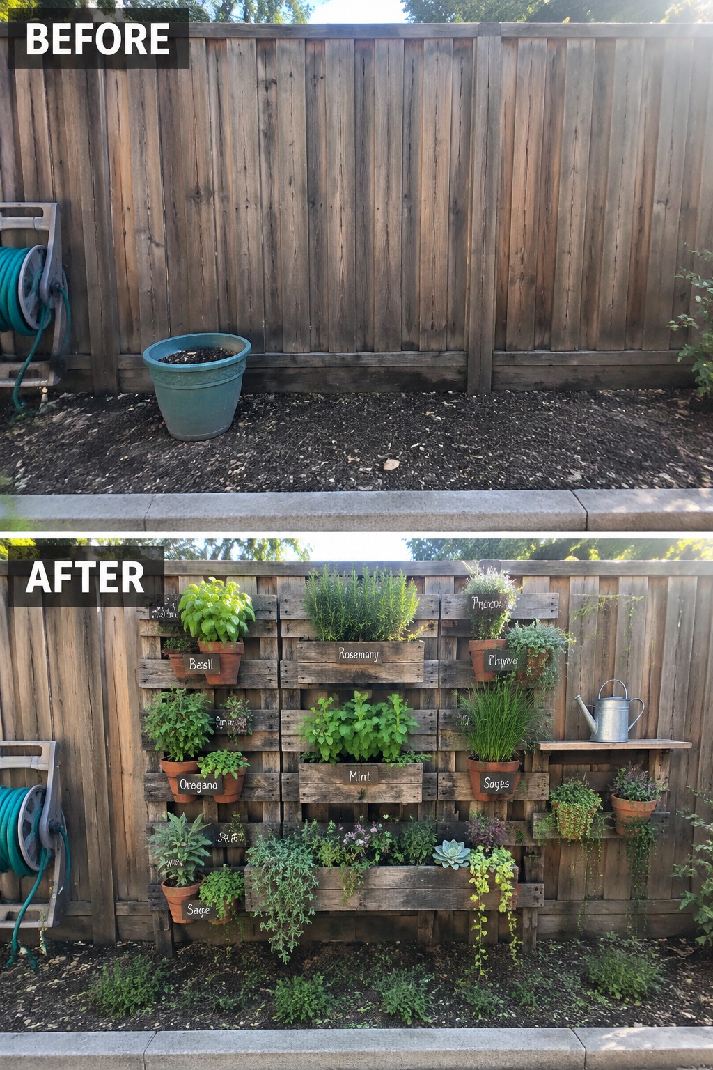 Before-and-after image of a bare wooden fence and dirt area changed into a vertical garden using reclaimed wood crates and boxes filled with herbs and plants.