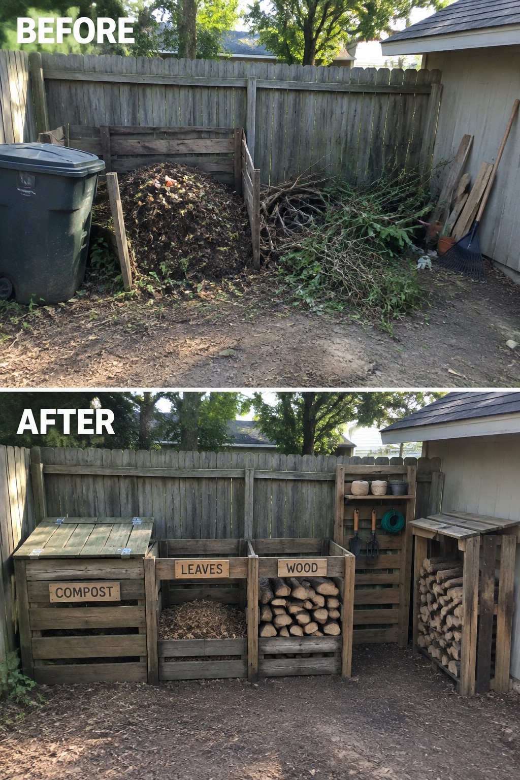 Before messy compost pile, after tidy labeled wooden bins for compost, leaves and wood
