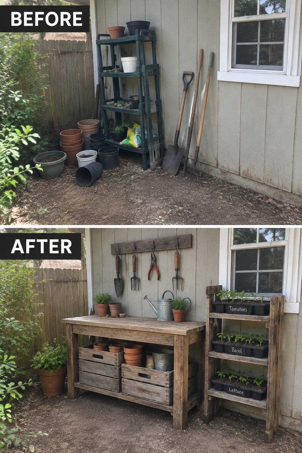 Before-and-after image of a cluttered garden storage area next to a house changed into an organized potting station with a reclaimed wood workbench, hanging tools, and labeled seedling shelves.