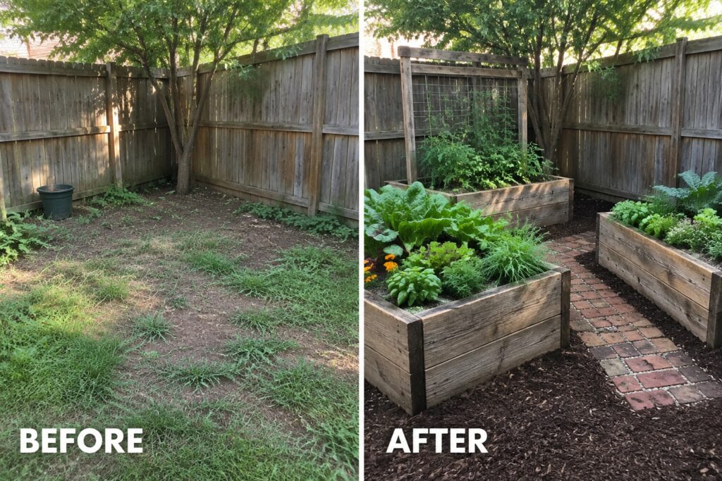 19 Practical Garden Makeover Ideas With Reclaimed Wood and Salvaged Materials Before and after backyard garden with raised beds, brick path, and plants.