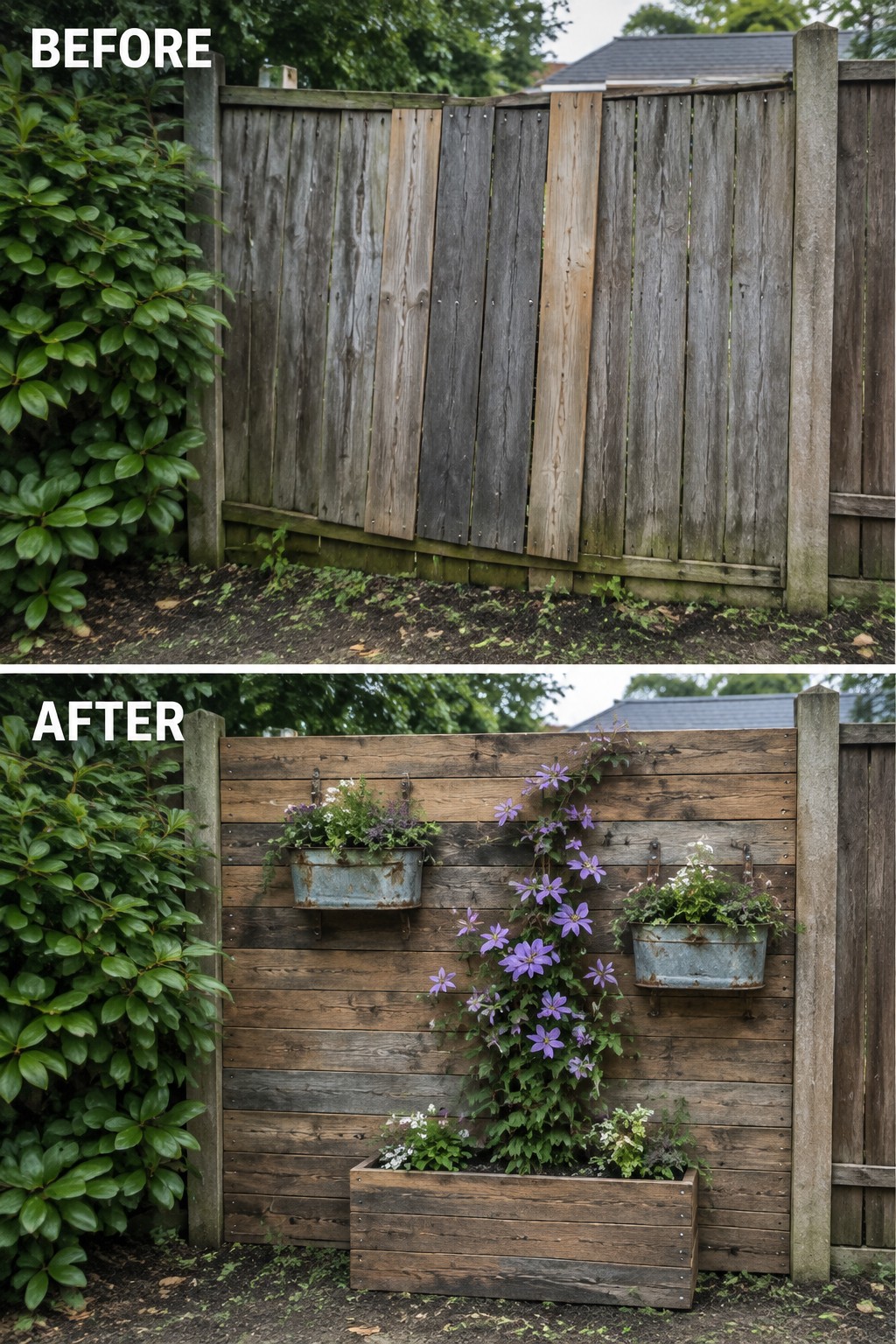 Before and after of weathered fence upgraded with planters, flowers, and climbing vines.