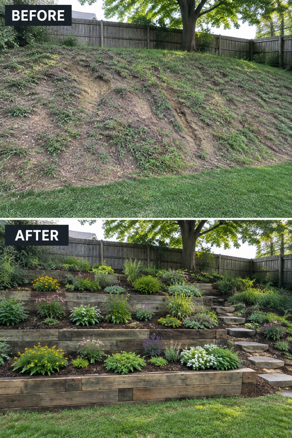 Before-and-after hillside transformed into colorful terraced gardens with stone steps.