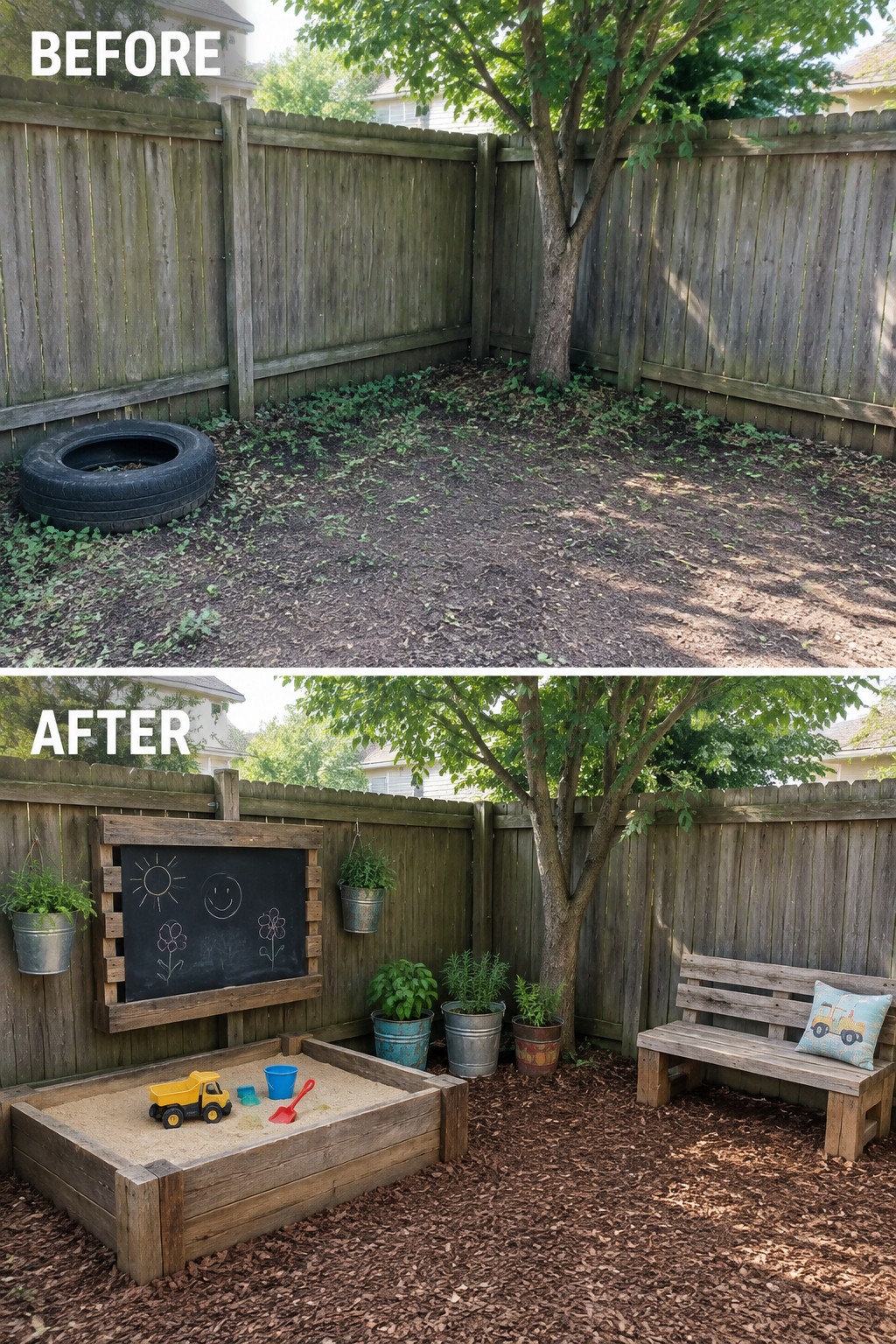 Before and after backyard makeover with sandbox, chalkboard, bench, and mulch.