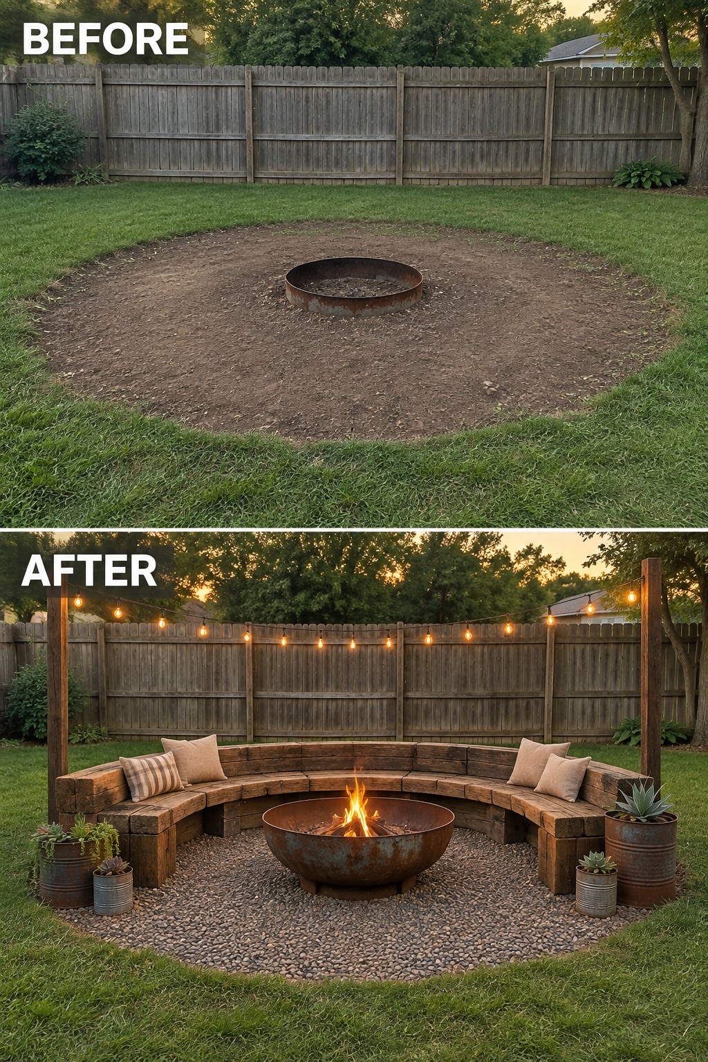 Before-and-after image of a bare fire pit in a grassy yard transformed into a seating area with reclaimed wood benches, string lights, and gravel.