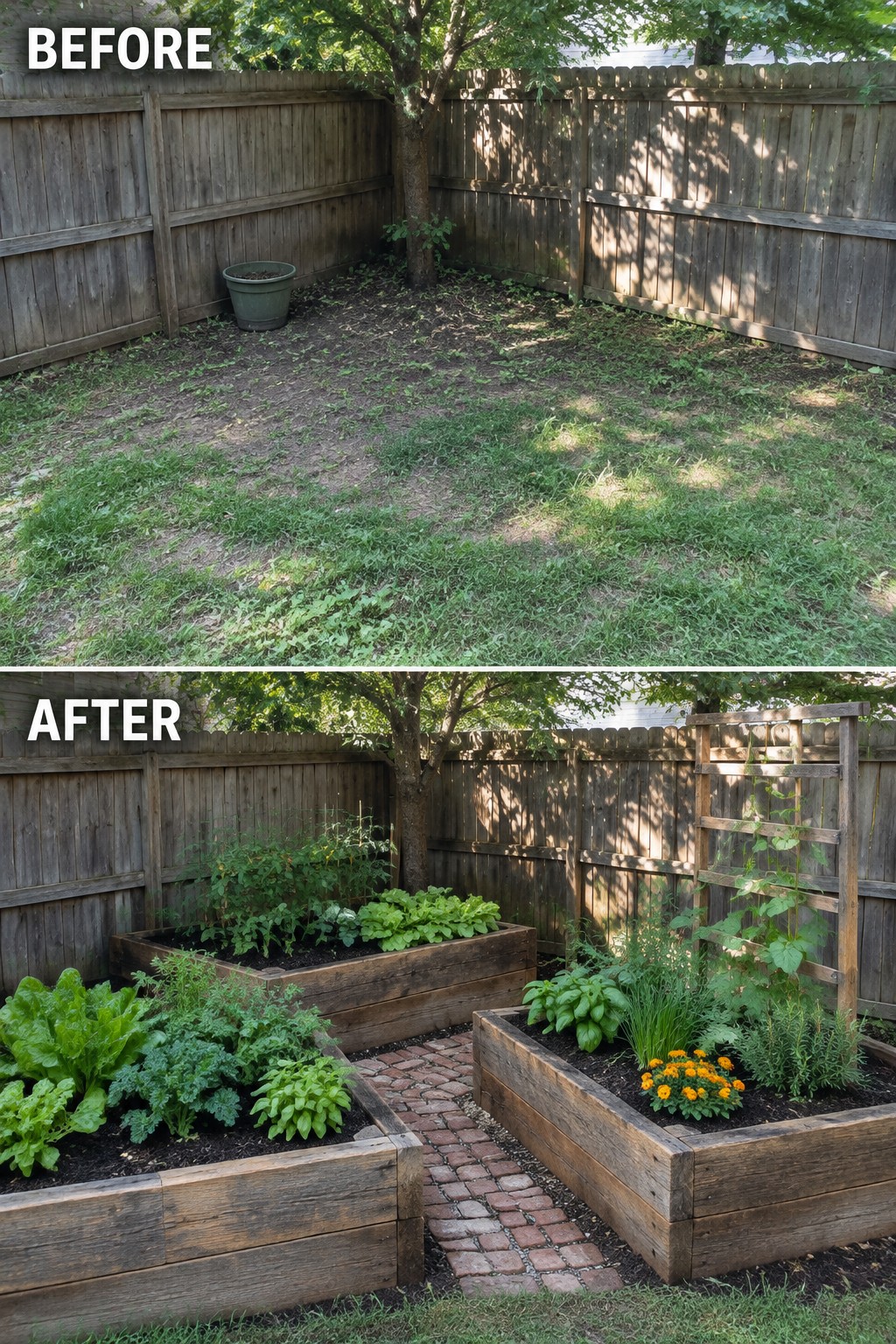 Before and after backyard garden with raised beds, brick path, and plants.