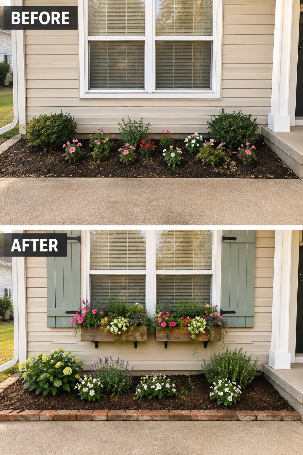 Before-and-after image of a house front where a plain garden bed is updated with reclaimed wood window boxes and organized plantings.