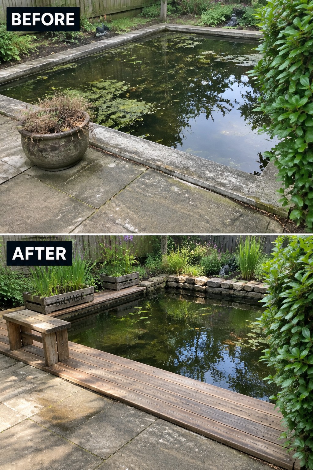 Before and after garden pond with wooden decking, plants, and bench.