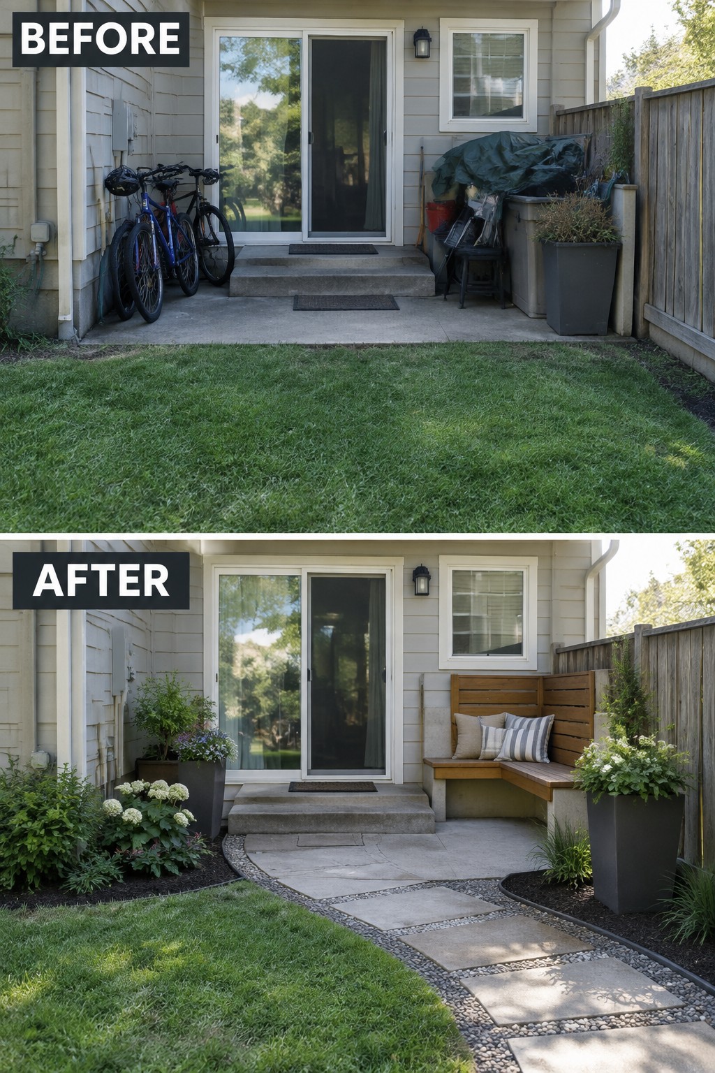 Before and after of cluttered backyard patio transformed with bench, plants and stone path