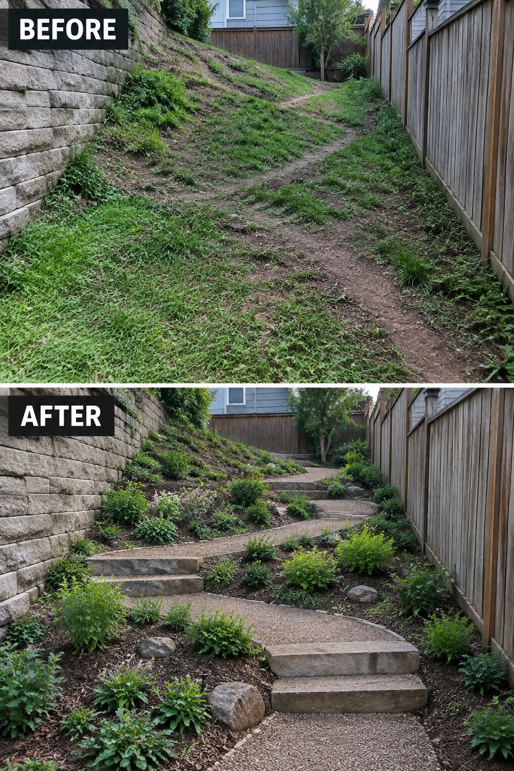 Before-and-after image of an overgrown sloped yard transformed with gravel paths, stone steps, and planted garden beds.