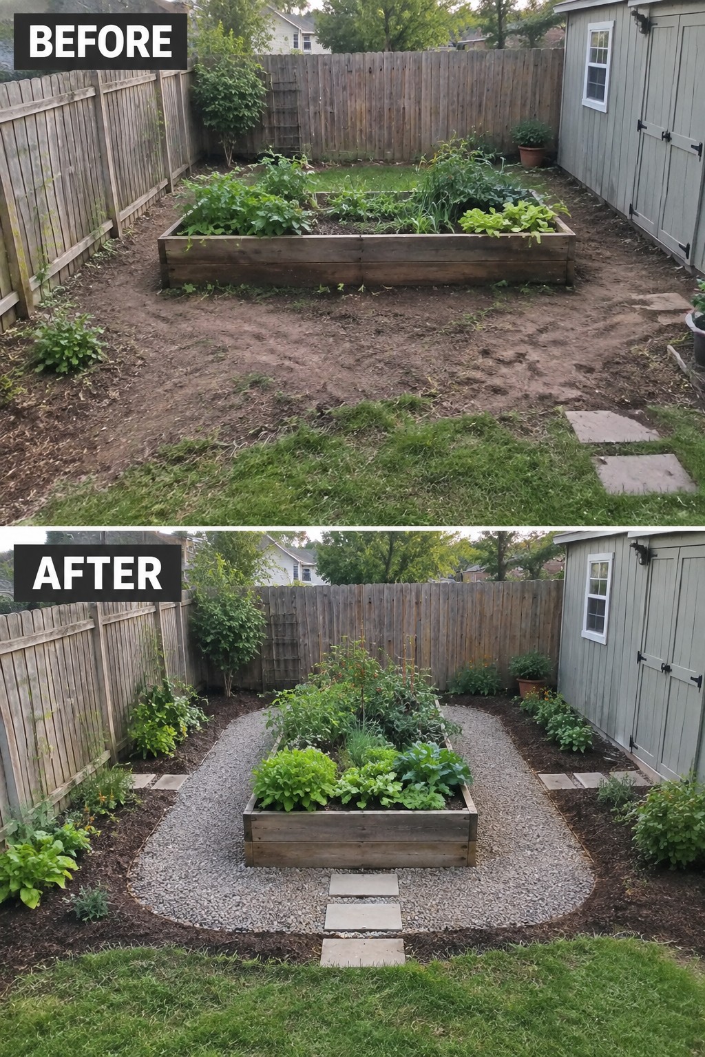 Before and after backyard garden makeover with raised bed and gravel path