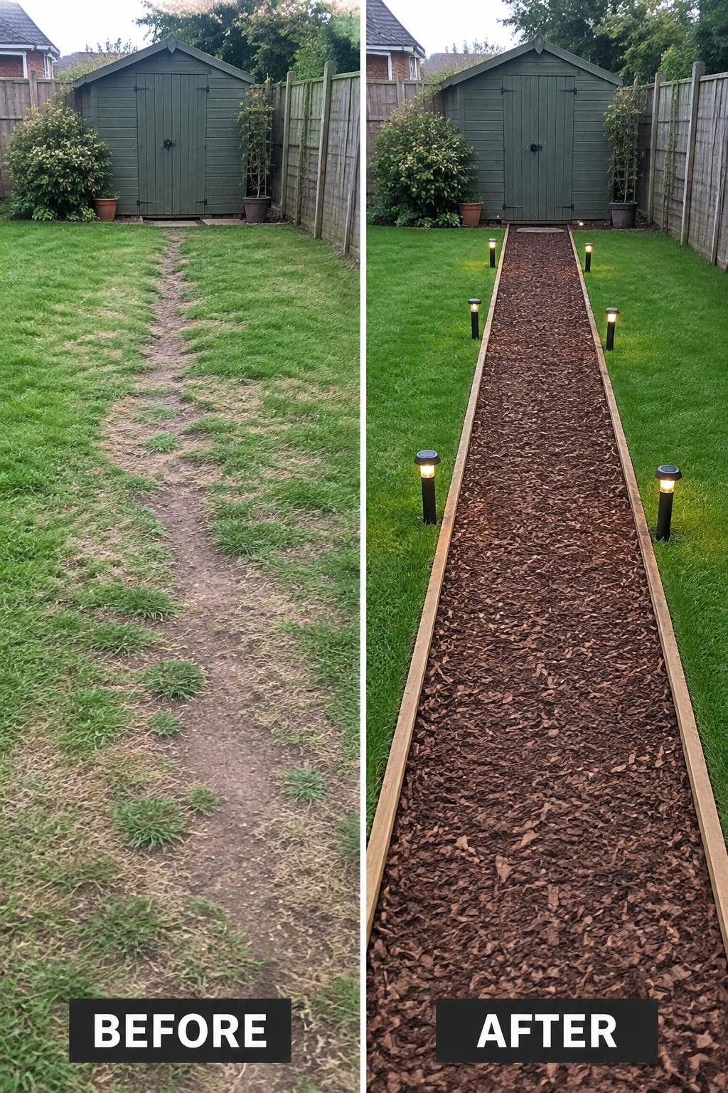 Before and after of dirt path transformed into mulched walkway with solar lights.