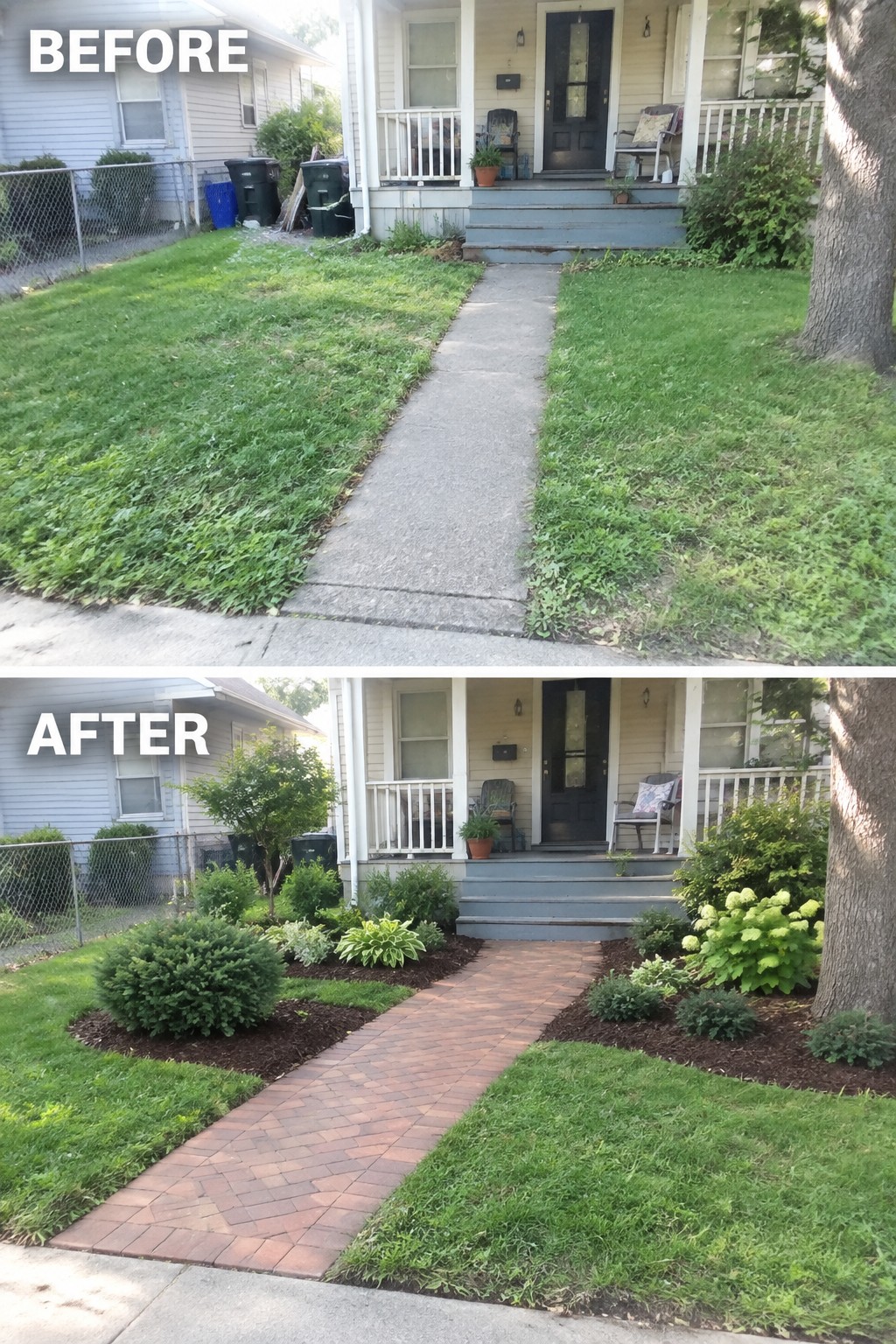 Before and after of front yard with new landscaping, brick path, and garden beds.