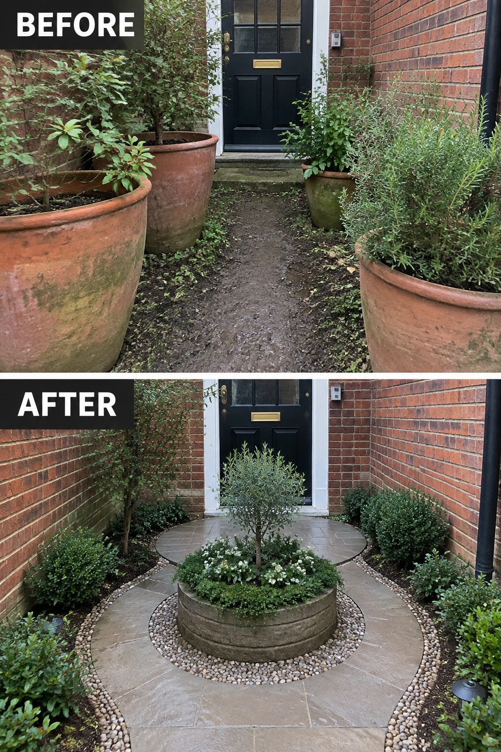 Before and after of brick entrance with muddy path transformed into stone patio with plants.