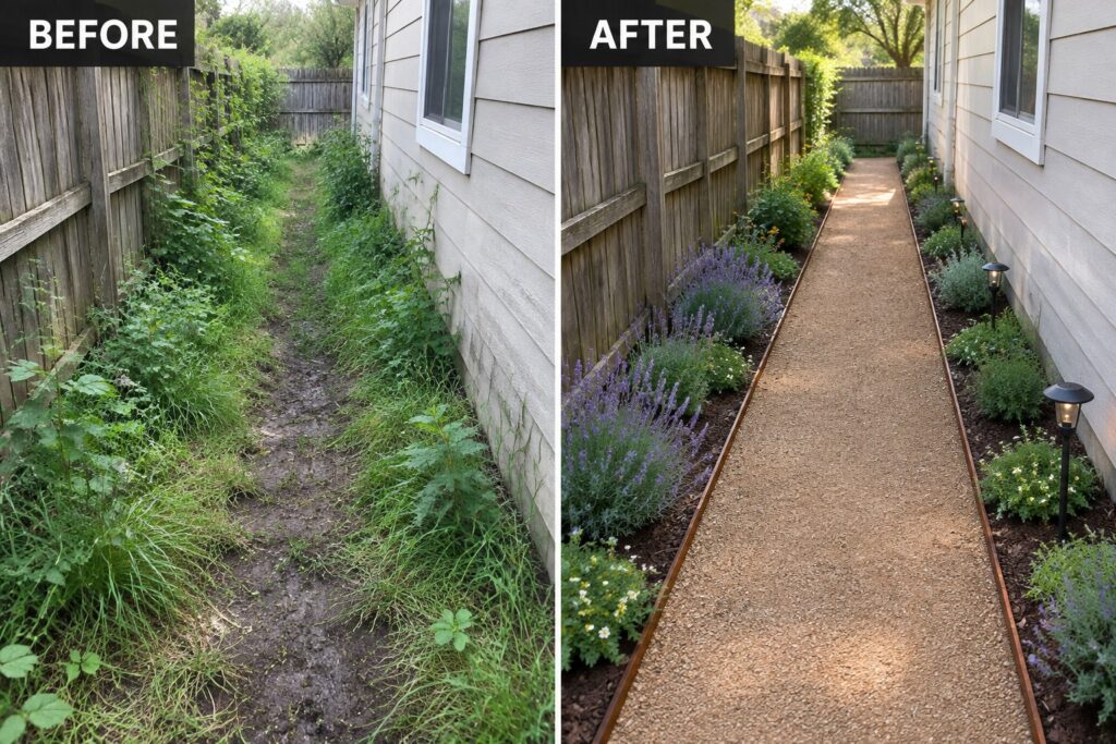 19 Practical Small Garden Layout Ideas That Improve Traffic Flow Before muddy overgrown path beside house; after gravel walkway with plants and lights