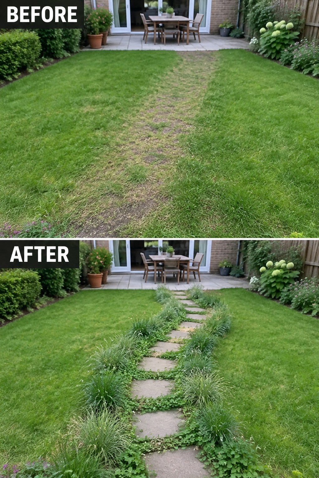 Before-and-after image of a patchy backyard lawn changed by adding a central stone pathway with planted edges.