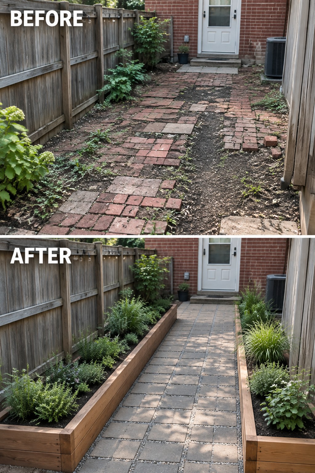 Before and after of overgrown brick path transformed into neat walkway with raised garden beds.