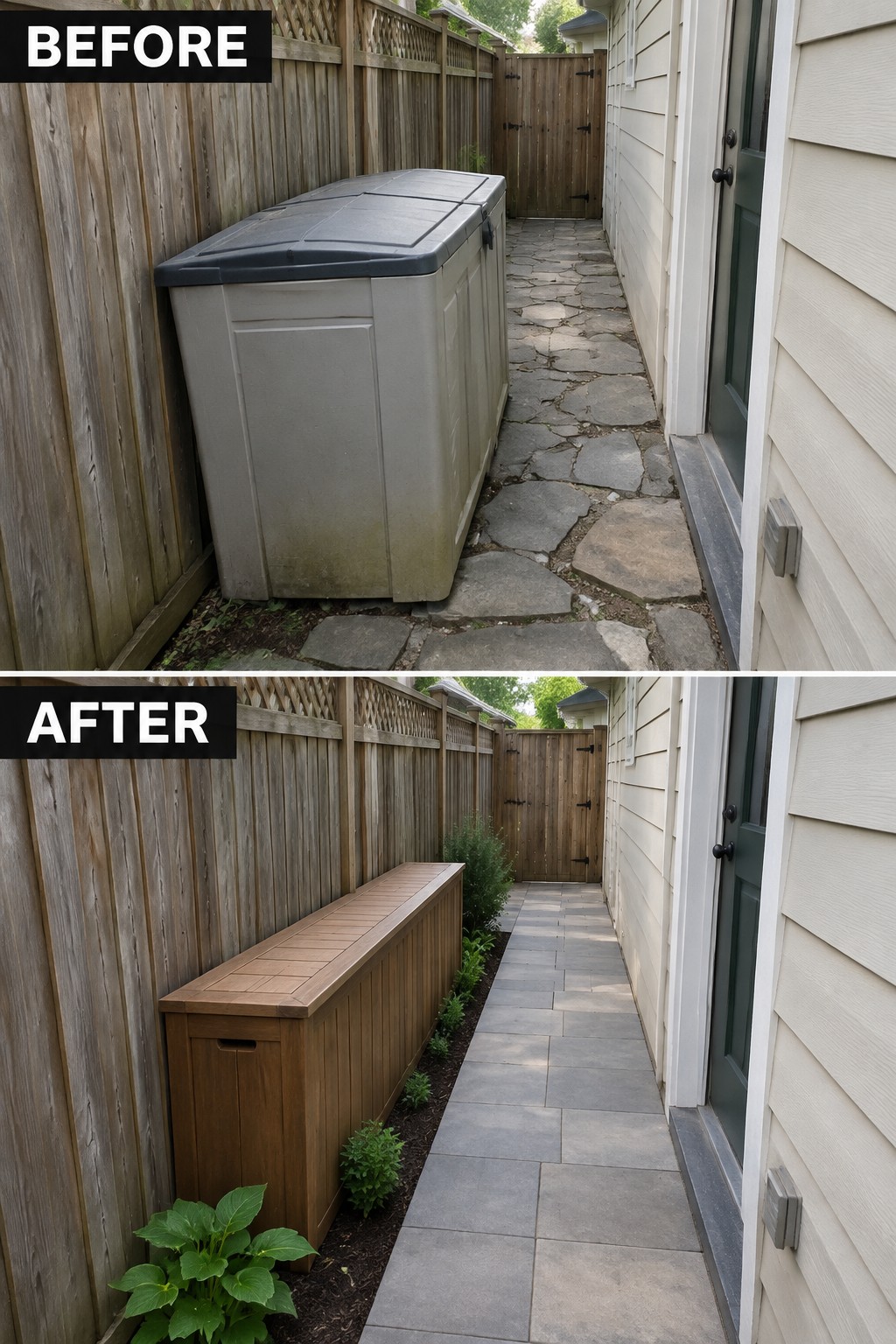Before and after of plastic bin replaced by wooden bench in narrow walkway