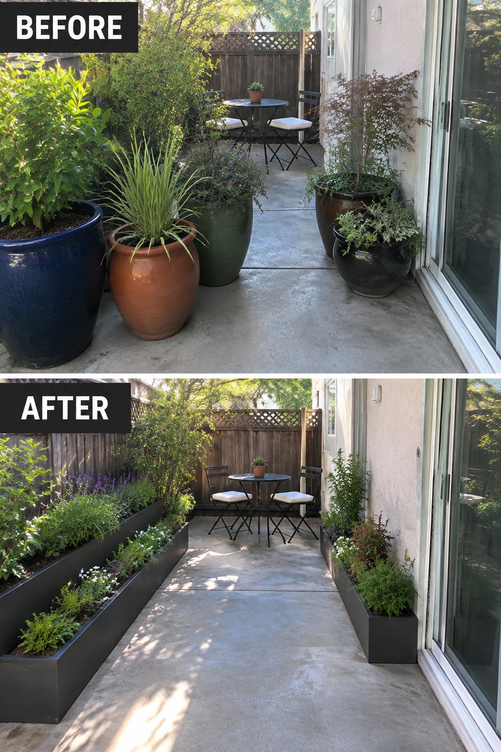Before and after patio with colorful pots replaced by long black rectangular planters.