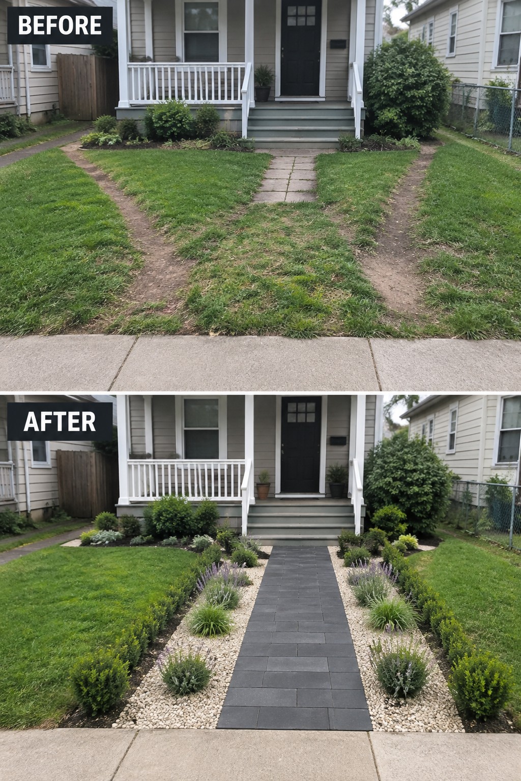 Before and after of front yard with new stone path and planted gravel beds.