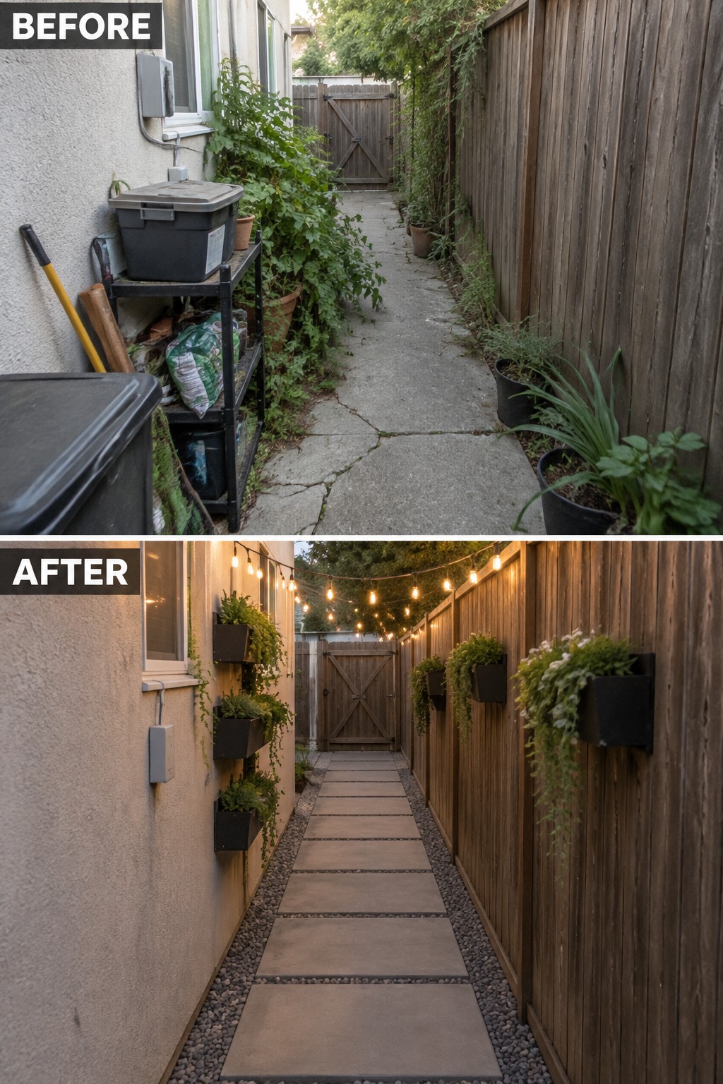 Before-and-after image of a cluttered concrete side path changed into a structured walkway with pavers, gravel borders, and wall-mounted planters.