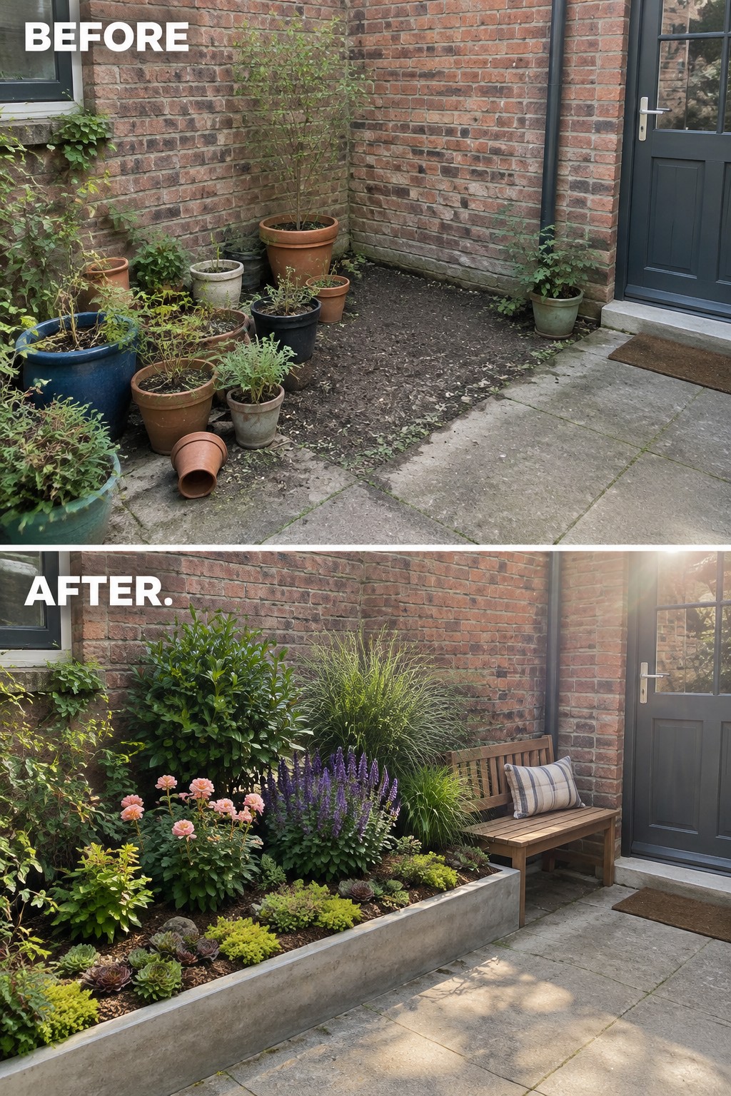 Patio before messy scattered pots, after tidy raised flower bed with bench