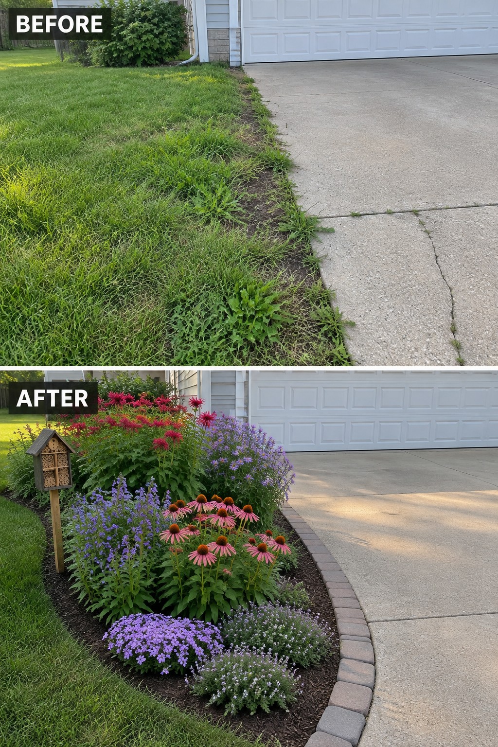 Before and after of weedy driveway edge transformed into colorful flower garden with birdhouse