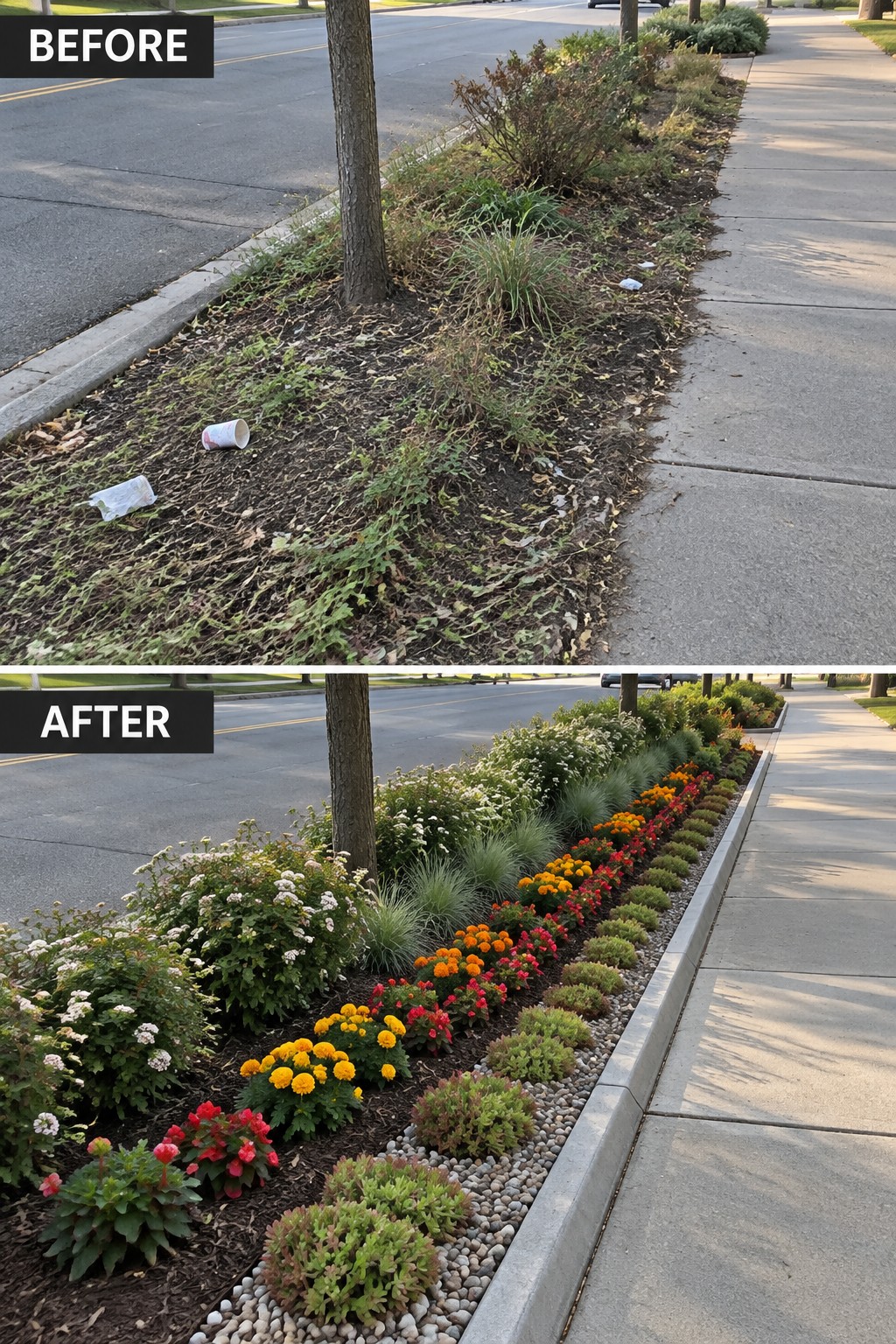 Before-and-after image of an overgrown roadside strip turned into a neat flower bed with concrete edging, gravel, and layered plants.