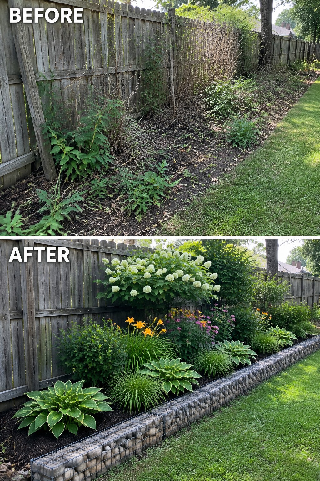 Before and after of overgrown yard transformed into colorful flower garden with gabion border