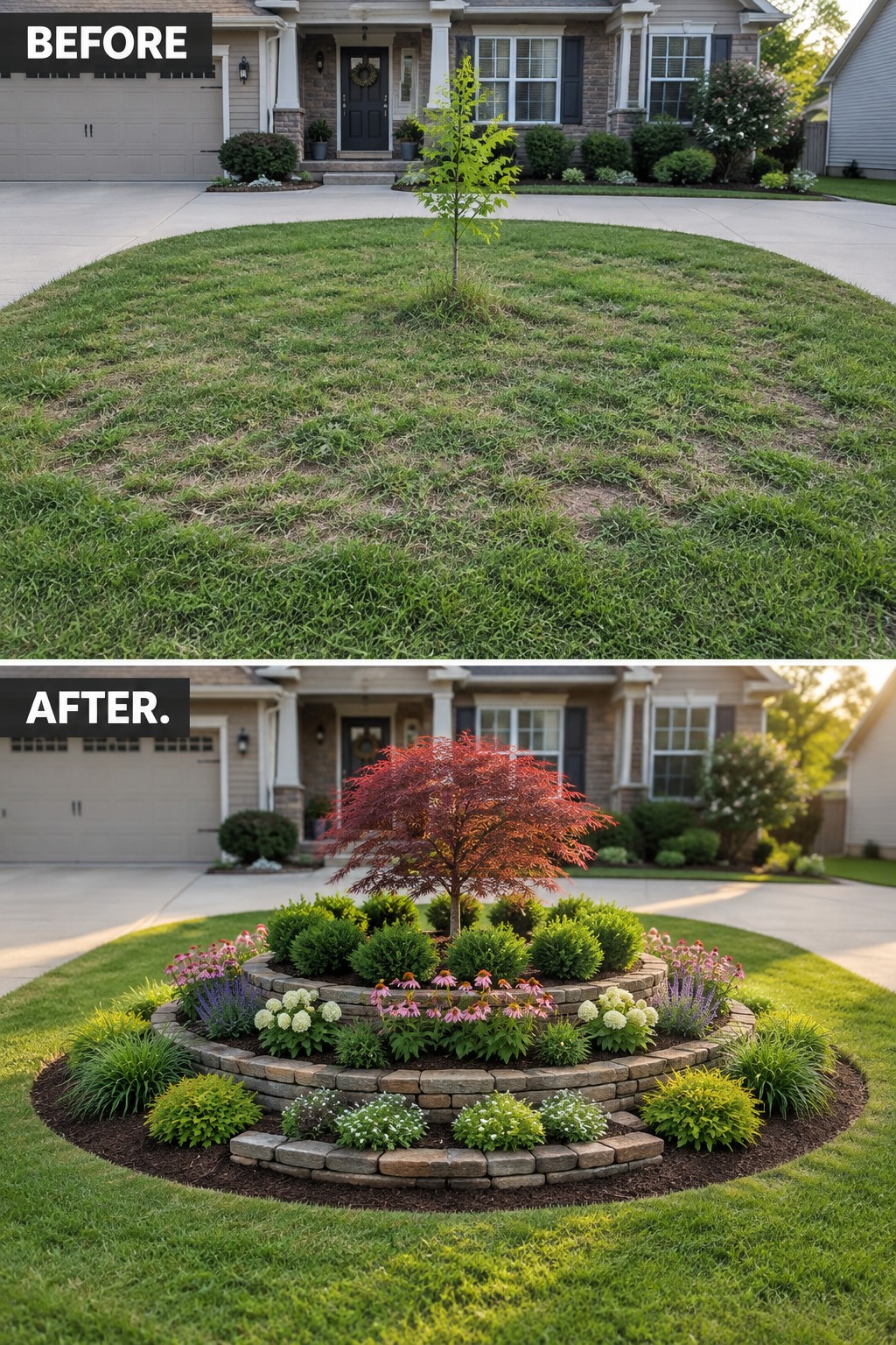 Before and after of lawn transformed into vibrant garden with red tree and stone borders.