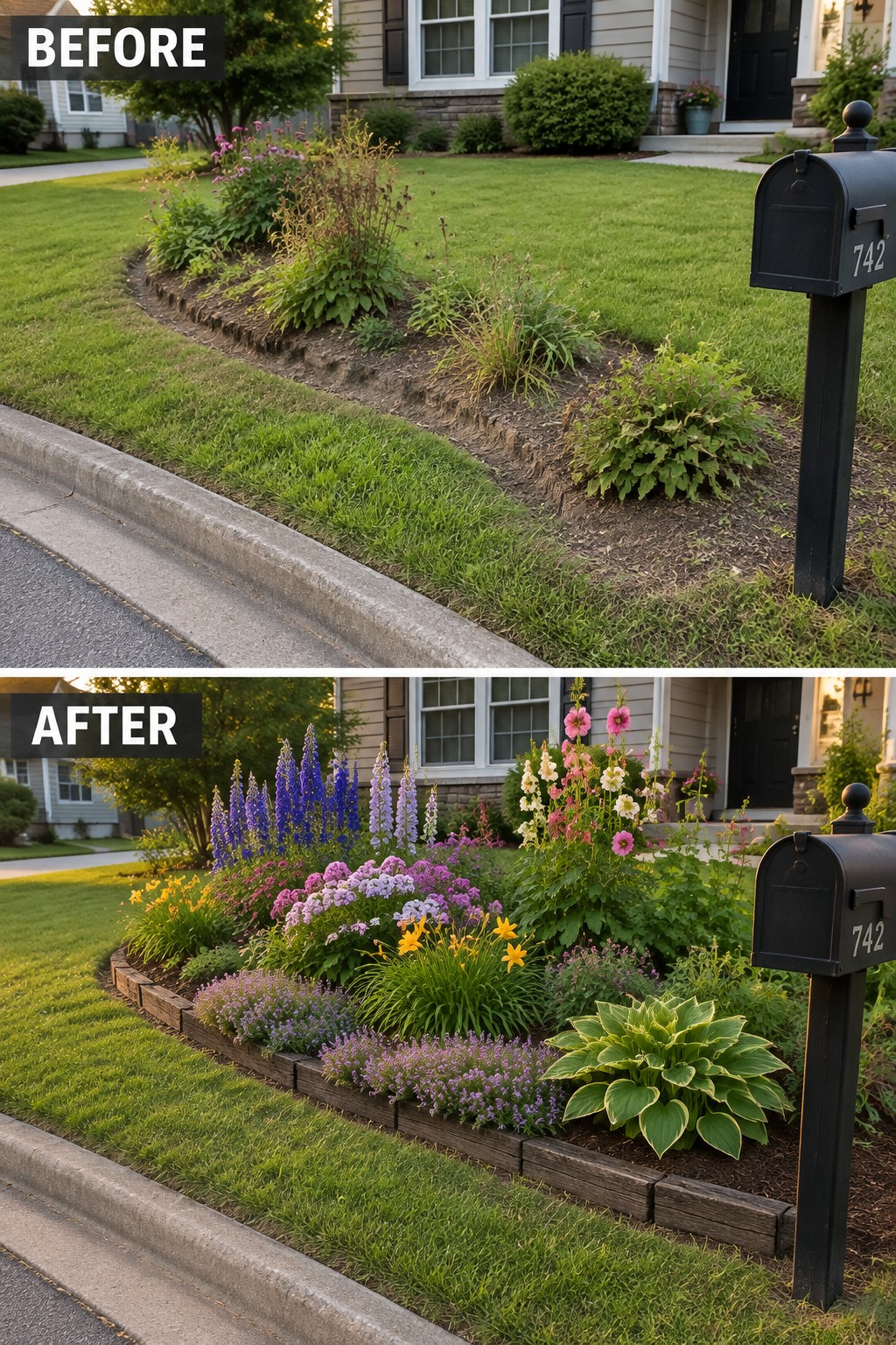 Before-and-after image of an overgrown flower bed along a lawn transformed into a neatly edged garden border with layered plants and mulch.