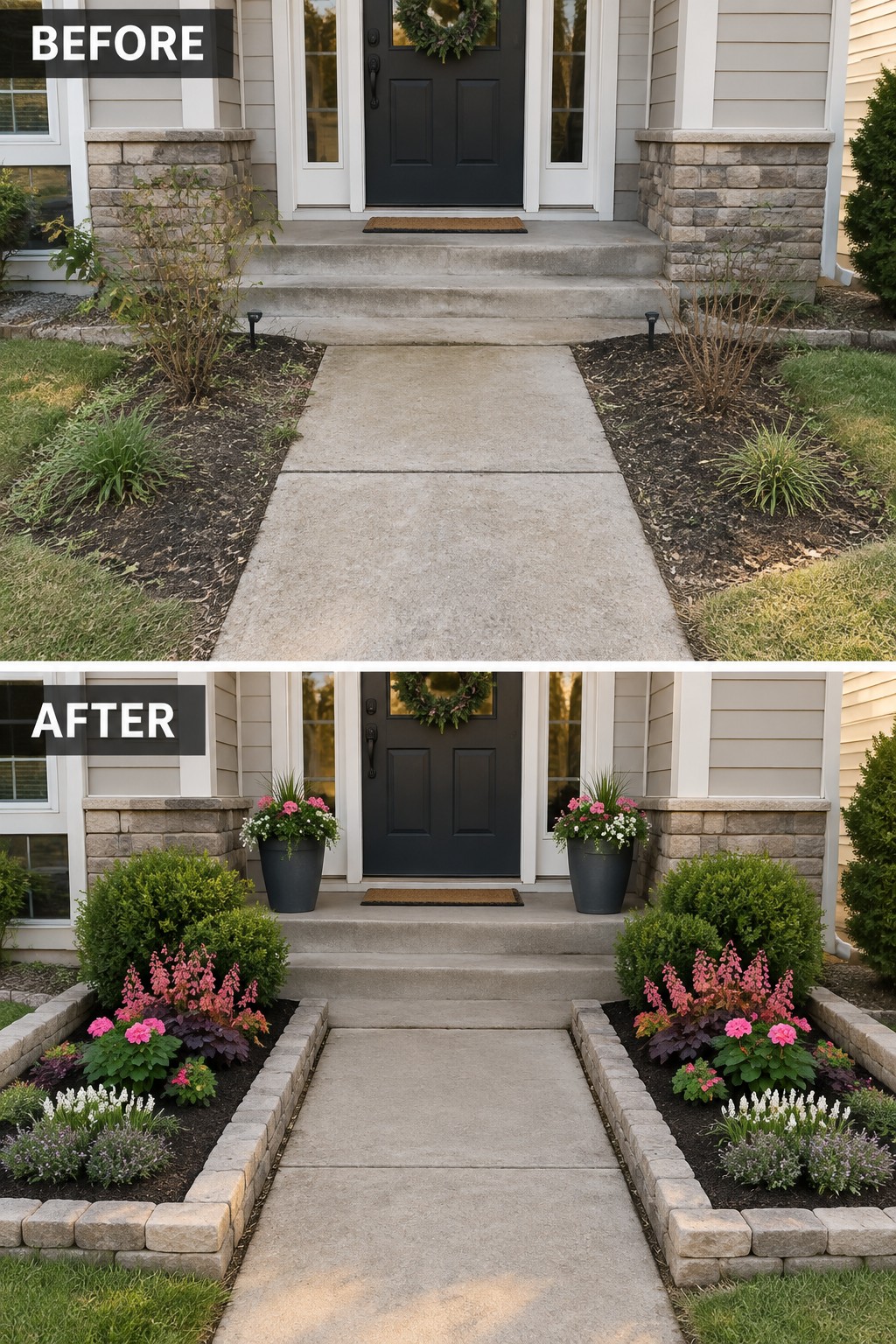 Before-and-after front entrance with new colorful flower beds and stone borders.