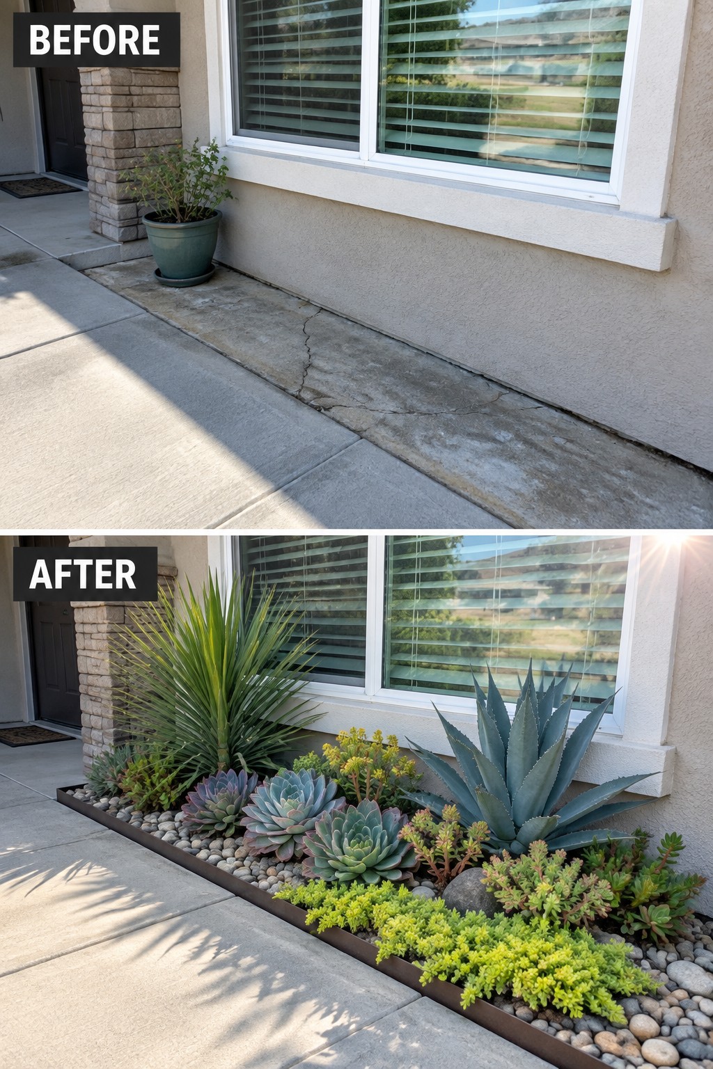 Before and after of cracked walkway transformed into succulent garden bed under window.
