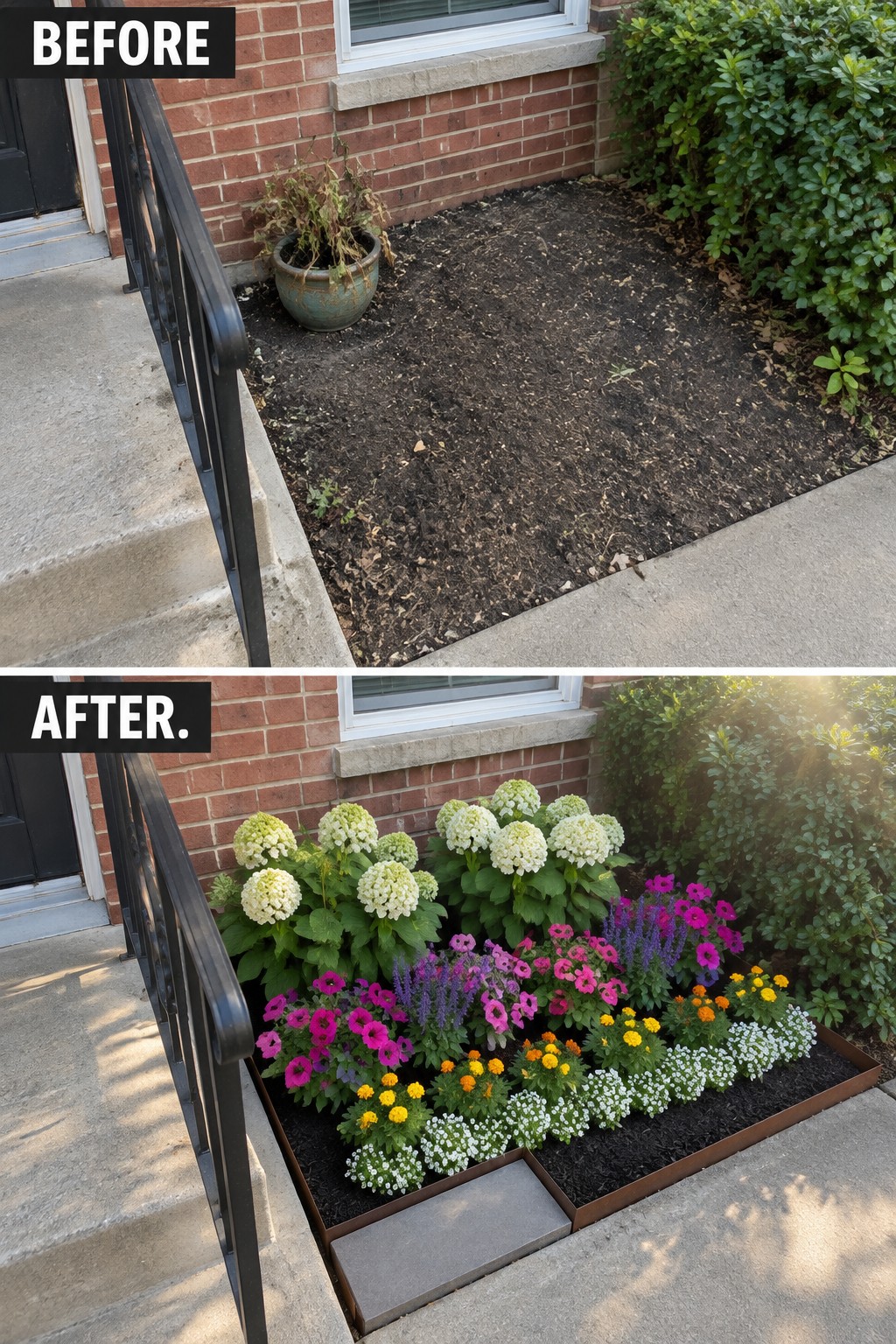Before-and-after image of a bare dirt area next to a brick house changed into a bordered flower bed with layered plants, flowers, and stepping stones.