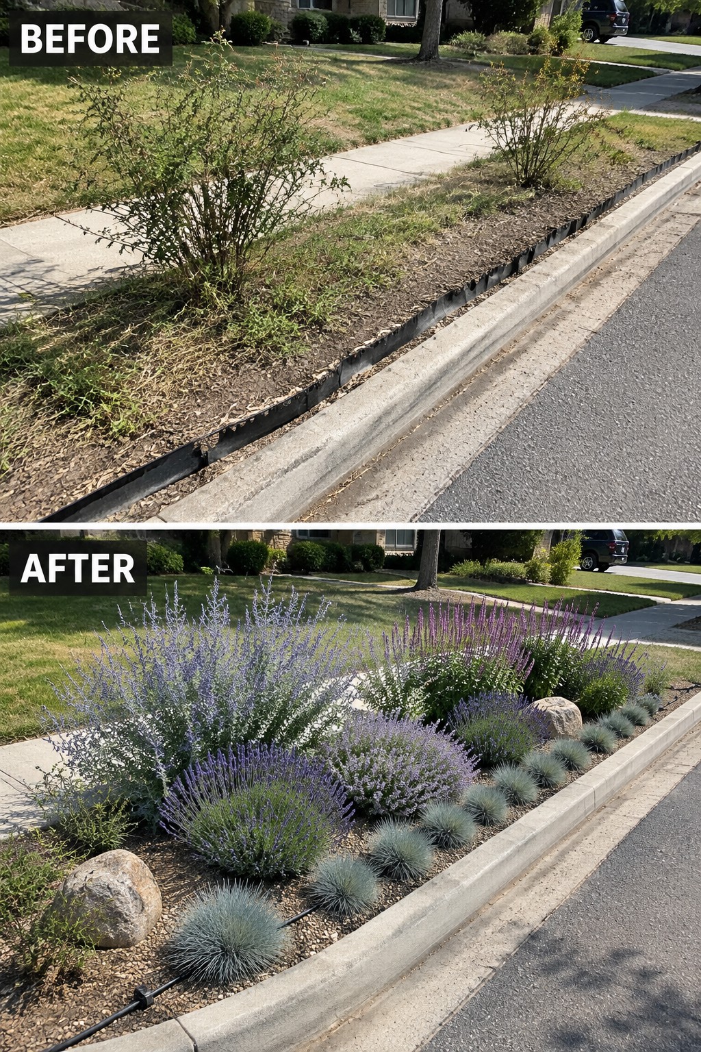Before and after curb landscaping: weeds replaced by purple lavender, blue grasses, and rocks