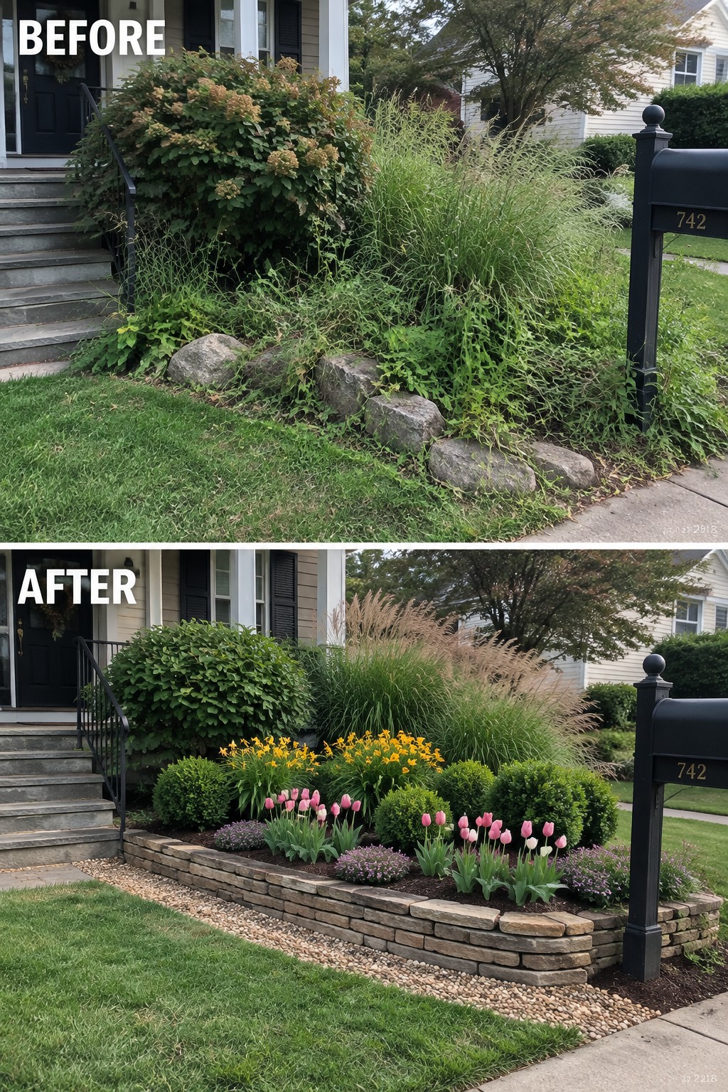 Before and after of overgrown yard transformed into colorful flower garden with stone wall.