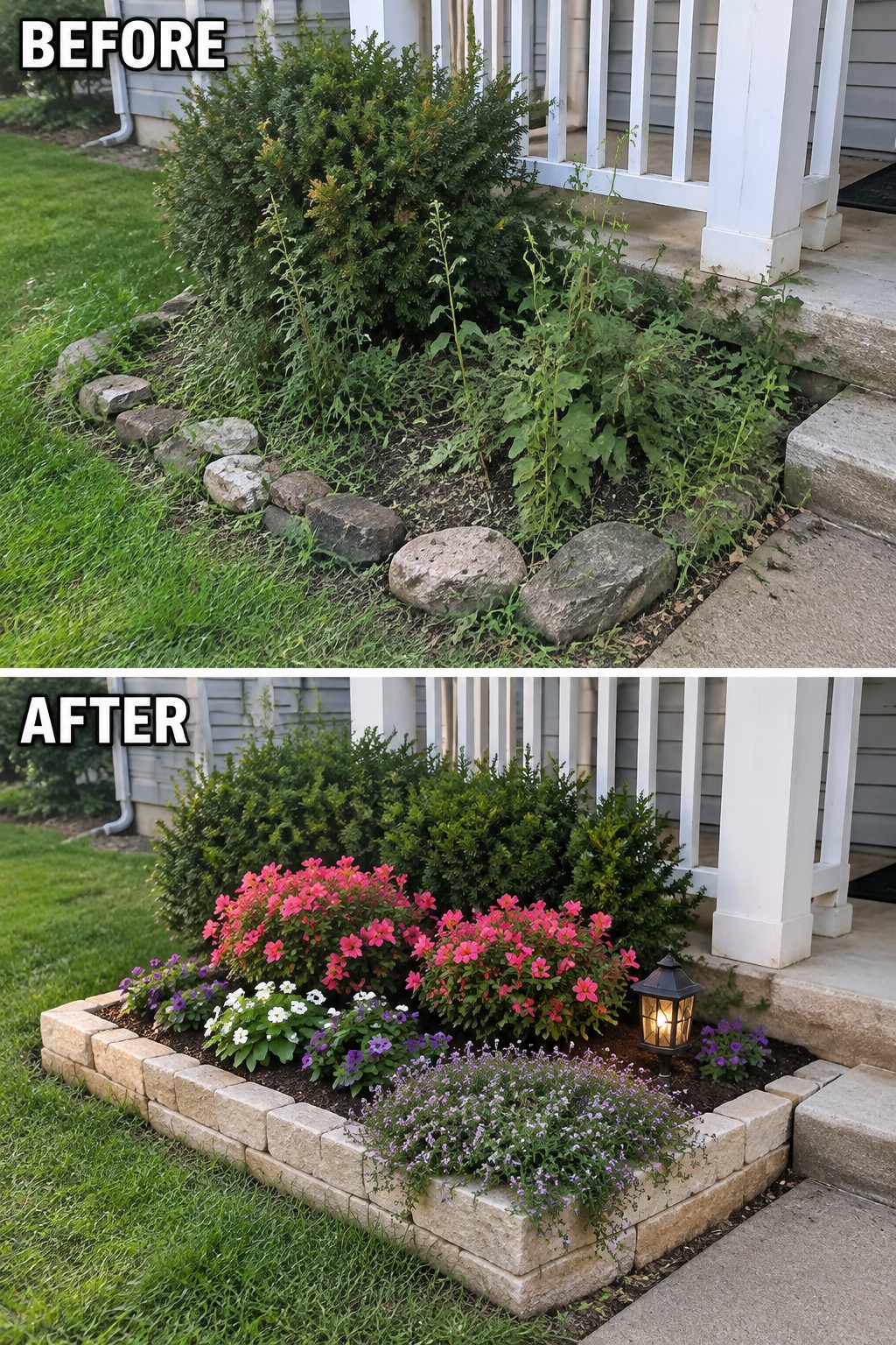 Before and after of overgrown garden transformed into colorful flower bed with stone border by porch.
