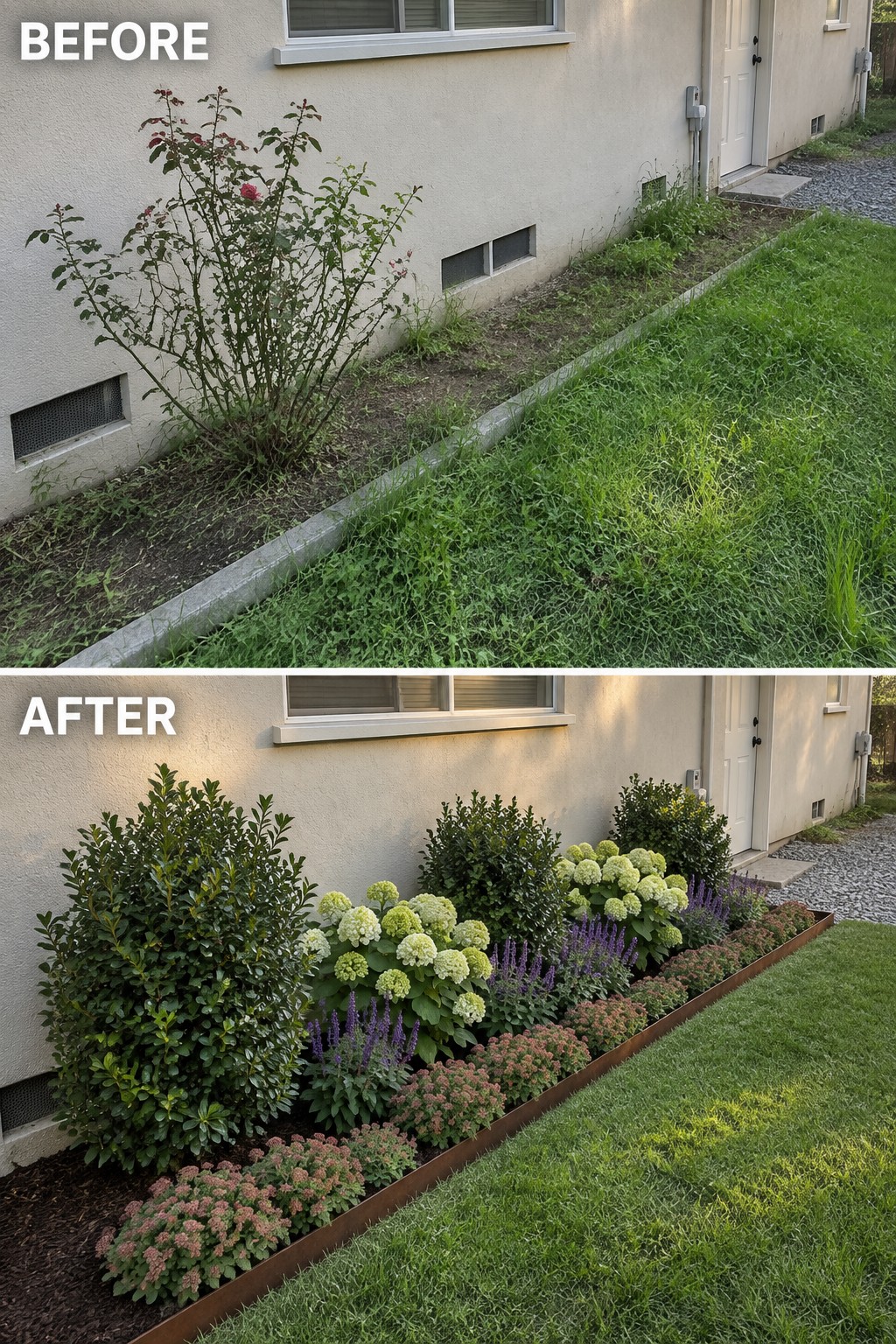 Before and after of overgrown garden bed transformed into mulched shrubs and blooming flowers.