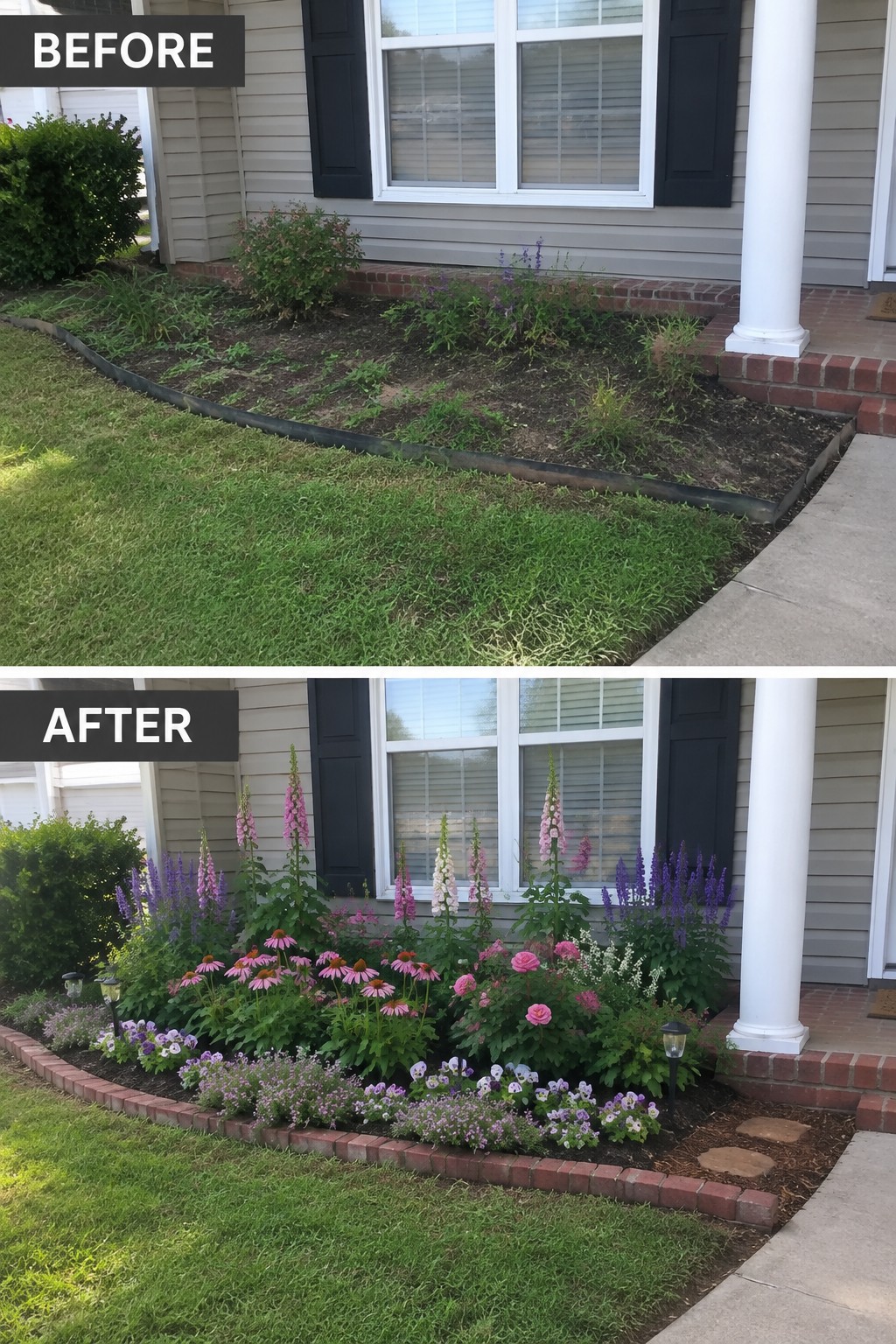Before-and-after image of a front yard flower bed changed from weedy and undefined to a clean space with brick edging, mulch, and layered planting.