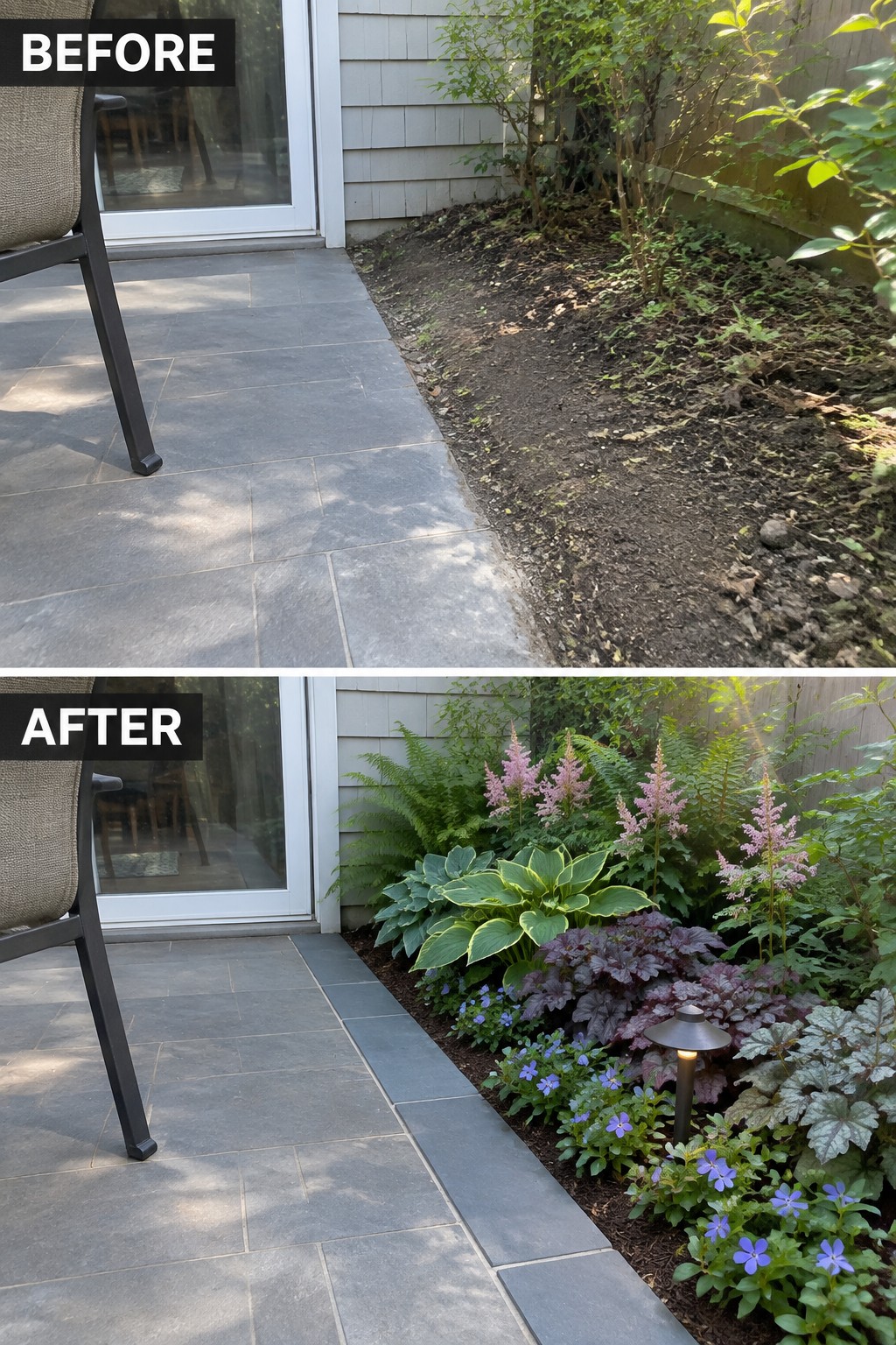 Before-and-after garden bed beside patio: bare dirt transformed into lush colorful plants