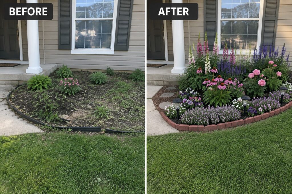 19 Simple Flower Bed Makeover Ideas Using Defined Borders and Layered Planting Before-and-after image of a front yard flower bed changed from weedy and undefined to a clean space with brick edging, mulch, and layered planting.