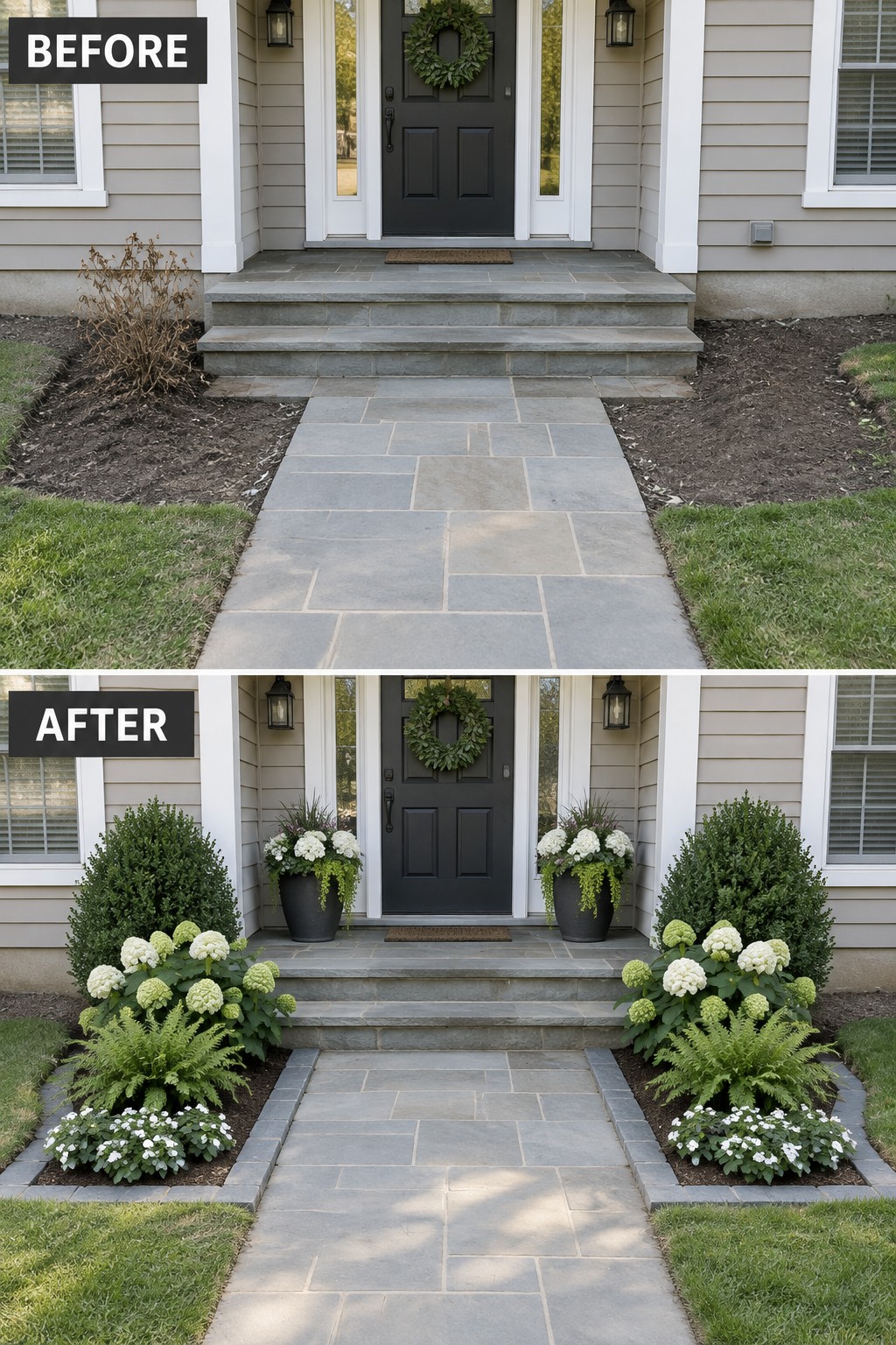 Before-and-after image of a front entry walkway showing bare beds changed into structured garden beds with gray stone borders and layered shrubs, ferns, and white flowers.