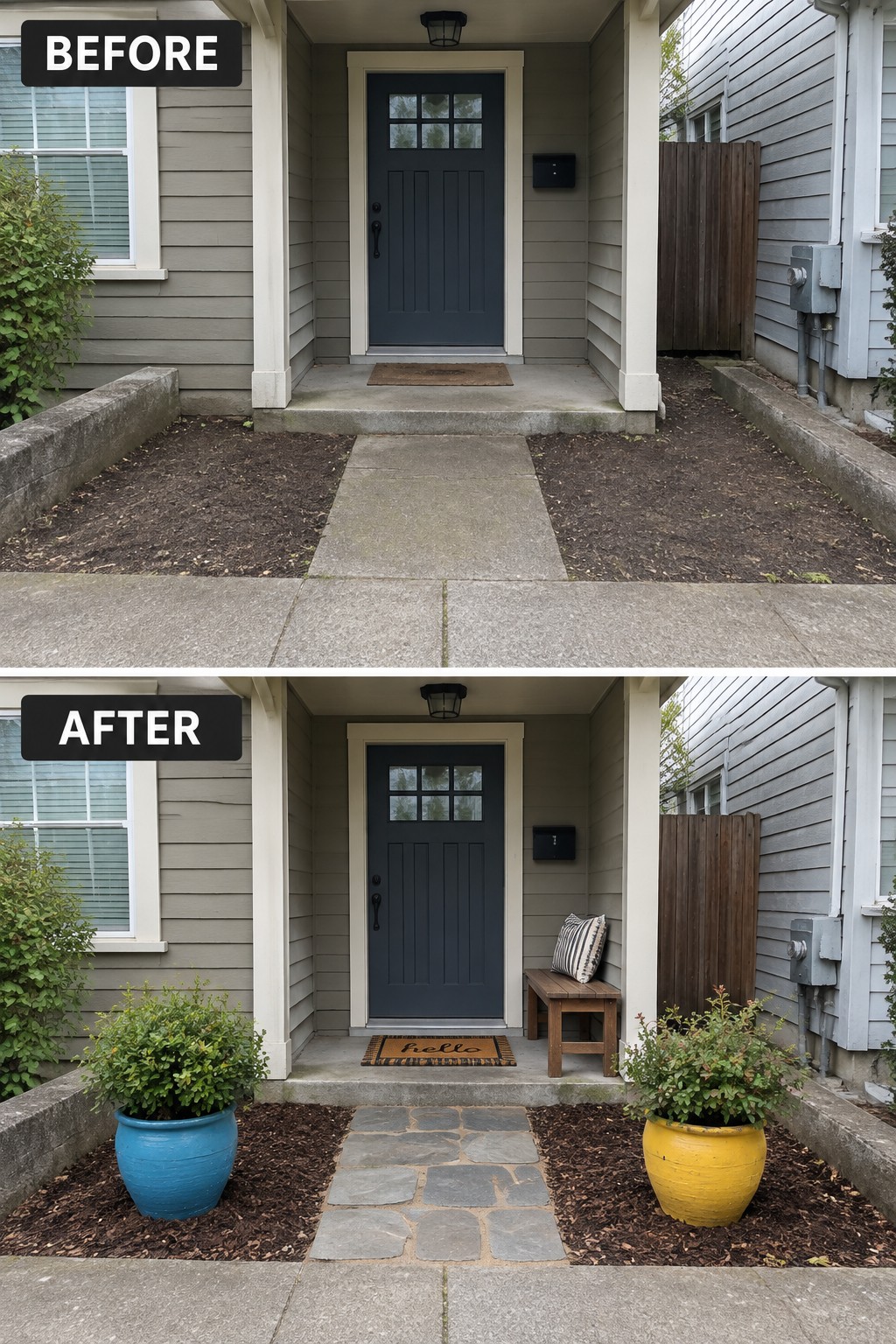 Before-and-after porch with colorful planters, bench, stone path, and updated doormat.