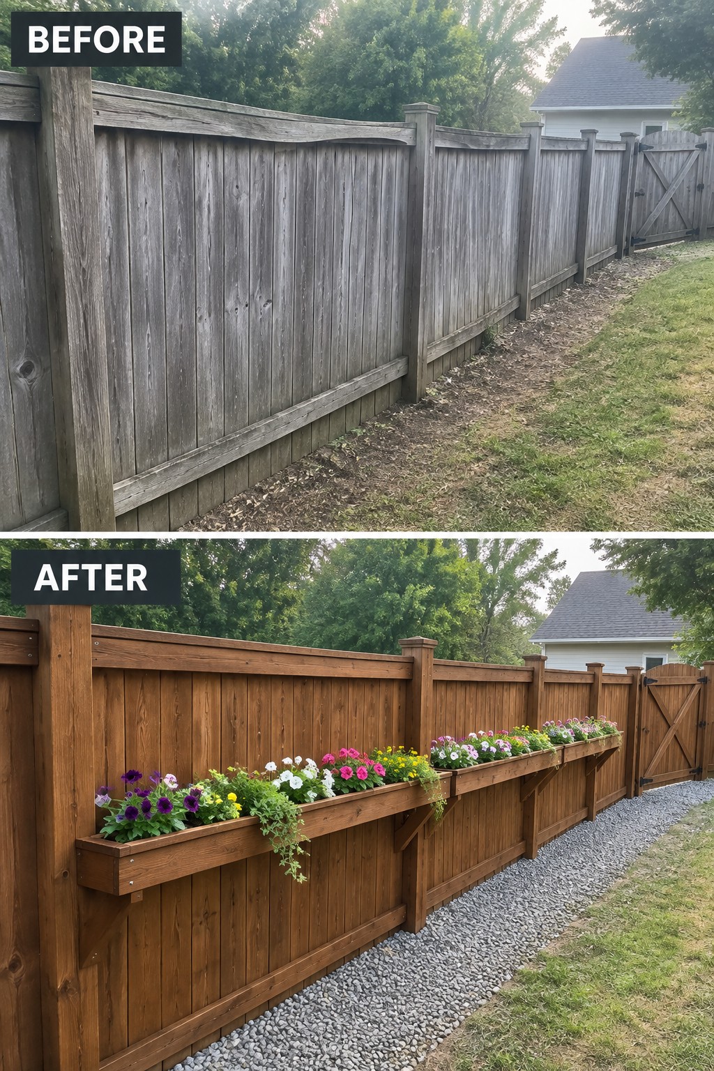 Before and after: weathered gray fence stained brown with colorful flower boxes added